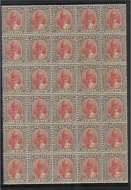 Perak Malayan States SG 117 40c scarlet + dull purple, block of 30 mint unhinged