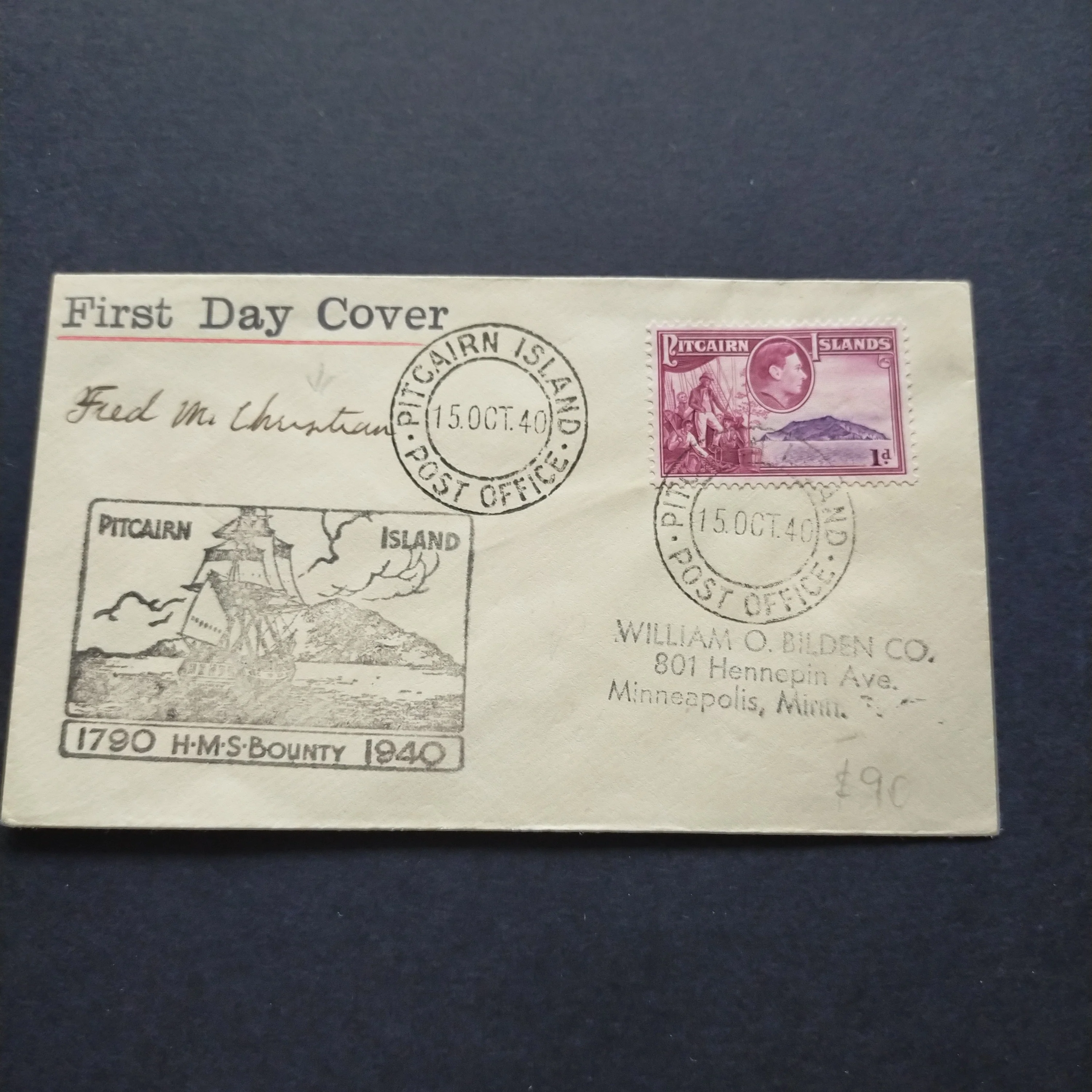 Pitcairn Islands First Day Cover 1940 CDS HMS Bounty Design Stamp Addressed to Minneapolis Minnesota USA