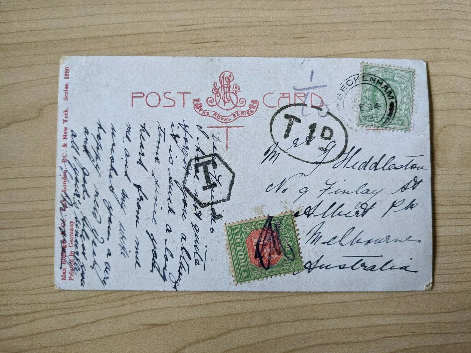 Post Card from Beckenham GB to Melbourne Australia with Victoria Postage Due