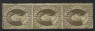 Queensland Australian States SG 16 3d brown Chalon in vertical strip of 3 MH