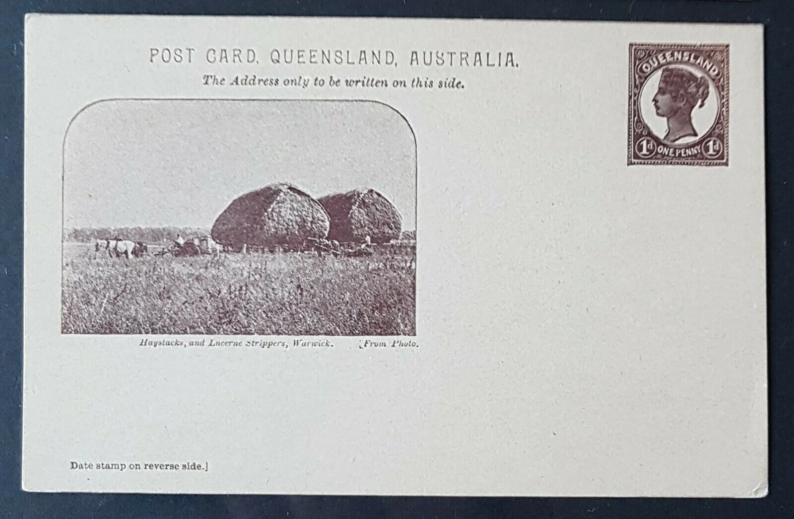 Queensland Post Card 1d on buff htaystacks and Lucerne strippers HG10a