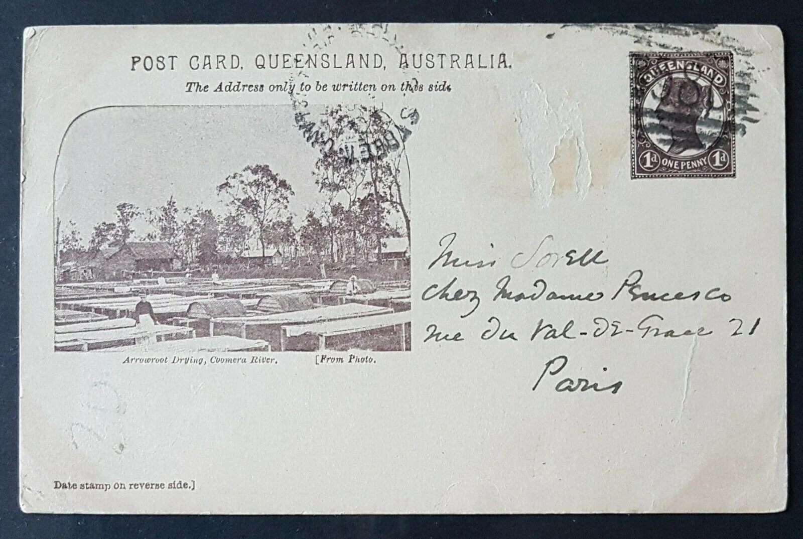 Queensland Postal Stationery Post Card 1d on buff Arrowroot Field HG10 used