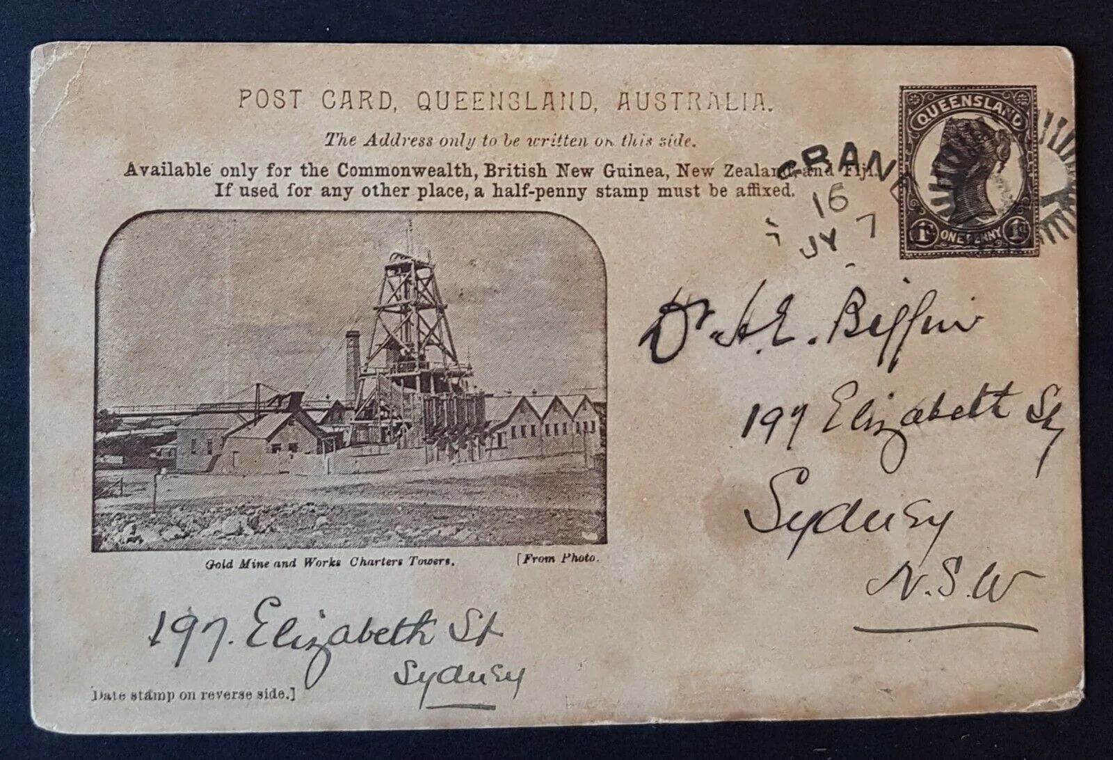 Queensland Postal Stationery Post Card 1d on buff Gold Mine and Works HG12 used