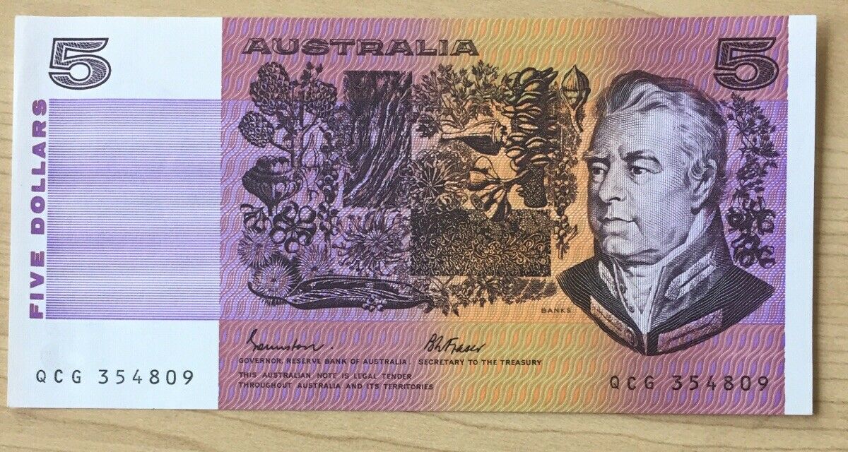 R209a 1985 $5 Johnston Fraser OCRB Serials Banknote Uncirculated