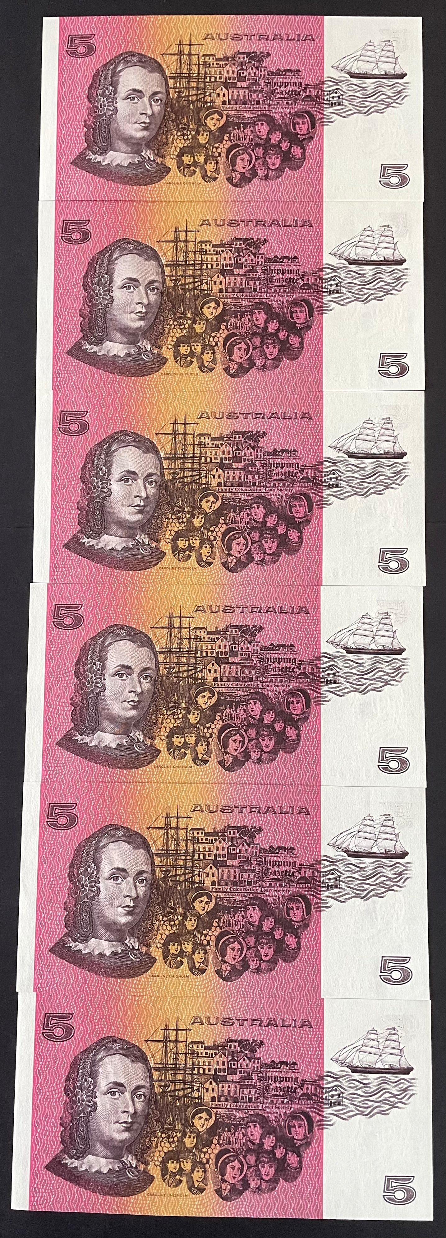 Australia 1985 $5 Johnston Fraser OCRB Serials Banknote Uncirculated Run of 6. R209a - Image 2
