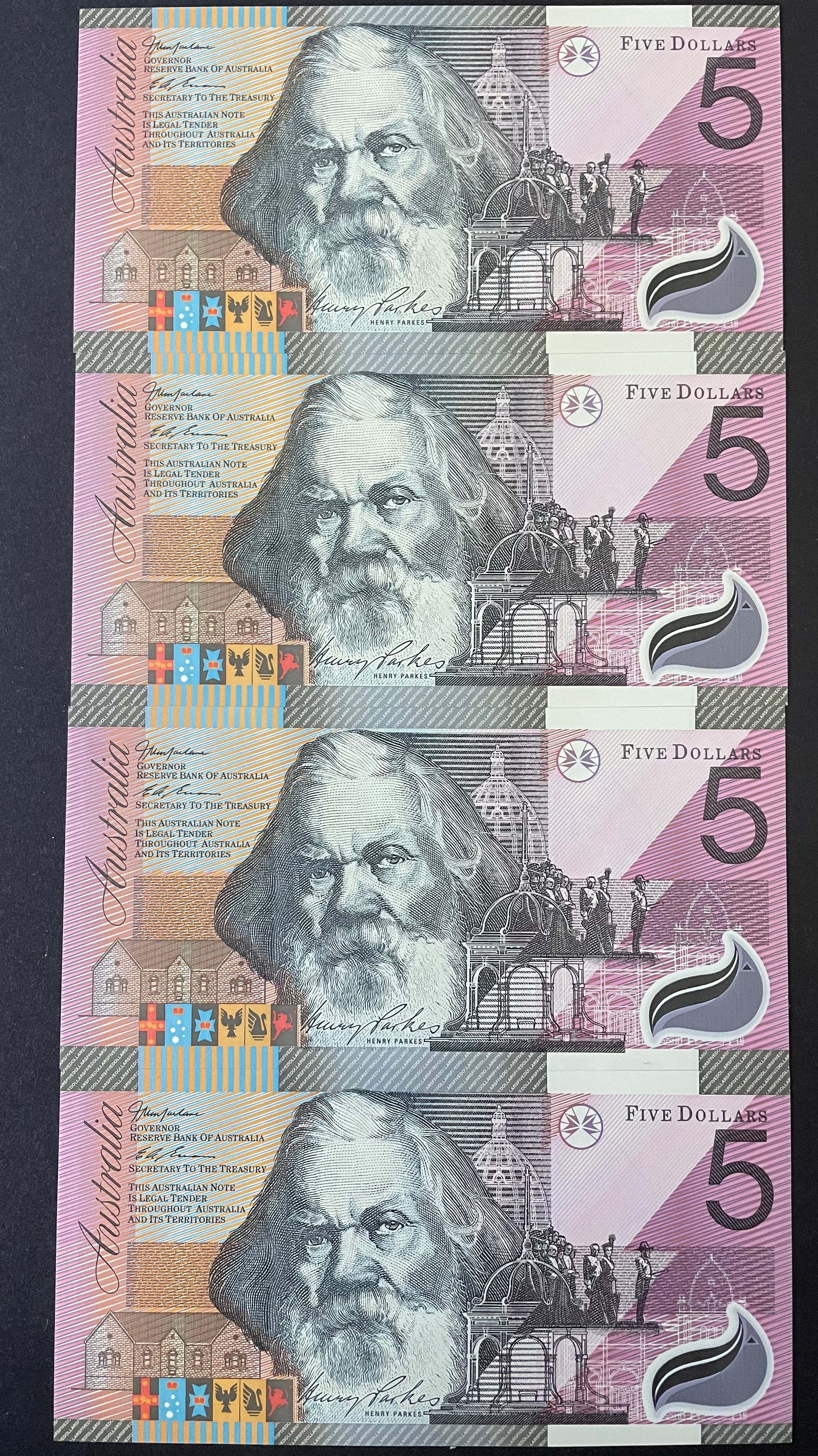 Australia $5 Federation Henry Parks, Catherine Spence  Polymer Uncirculated Run of 4 R219 - Image 2