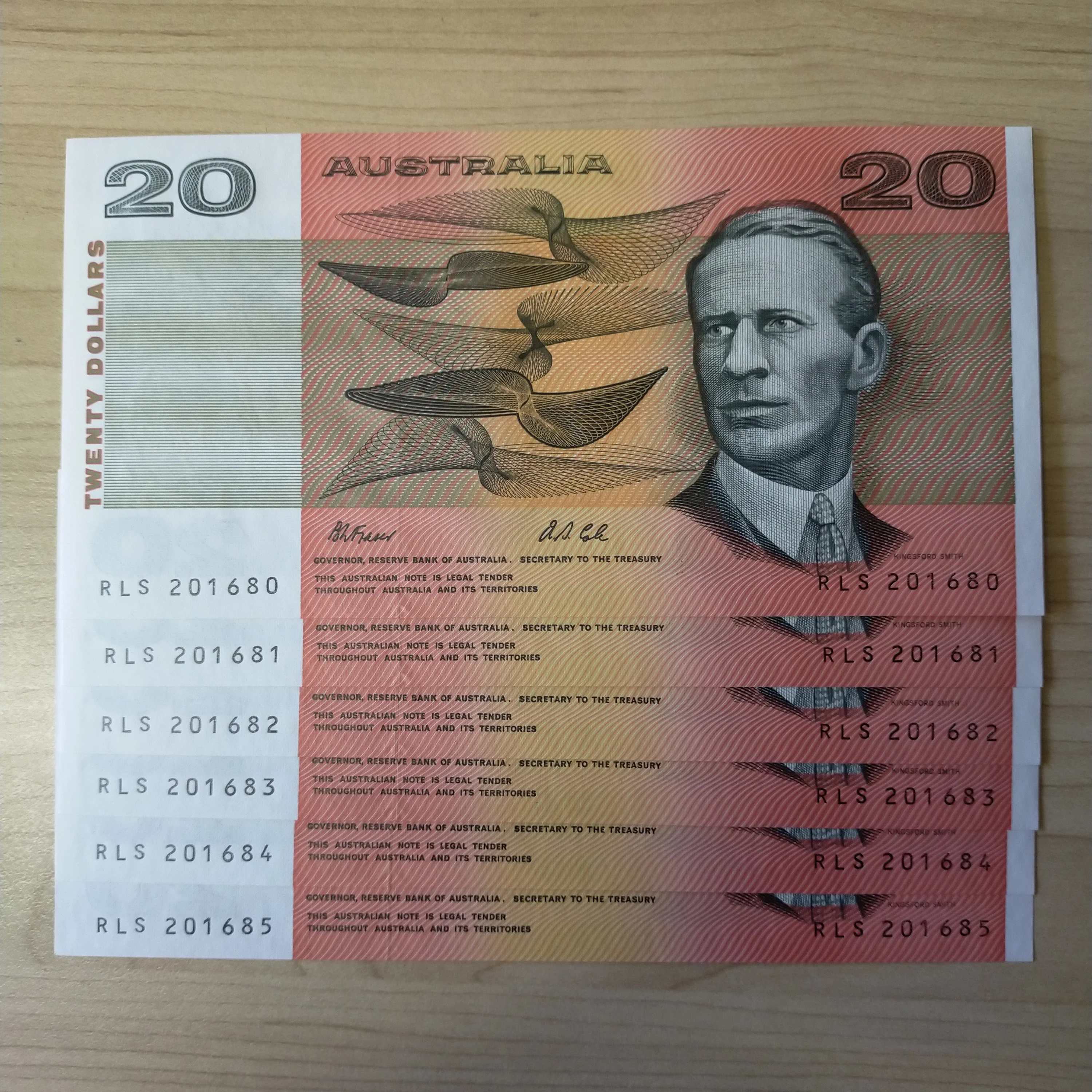 R413 Australian $20 Fraser Cole Run Of 6 Uncirculated Banknotes