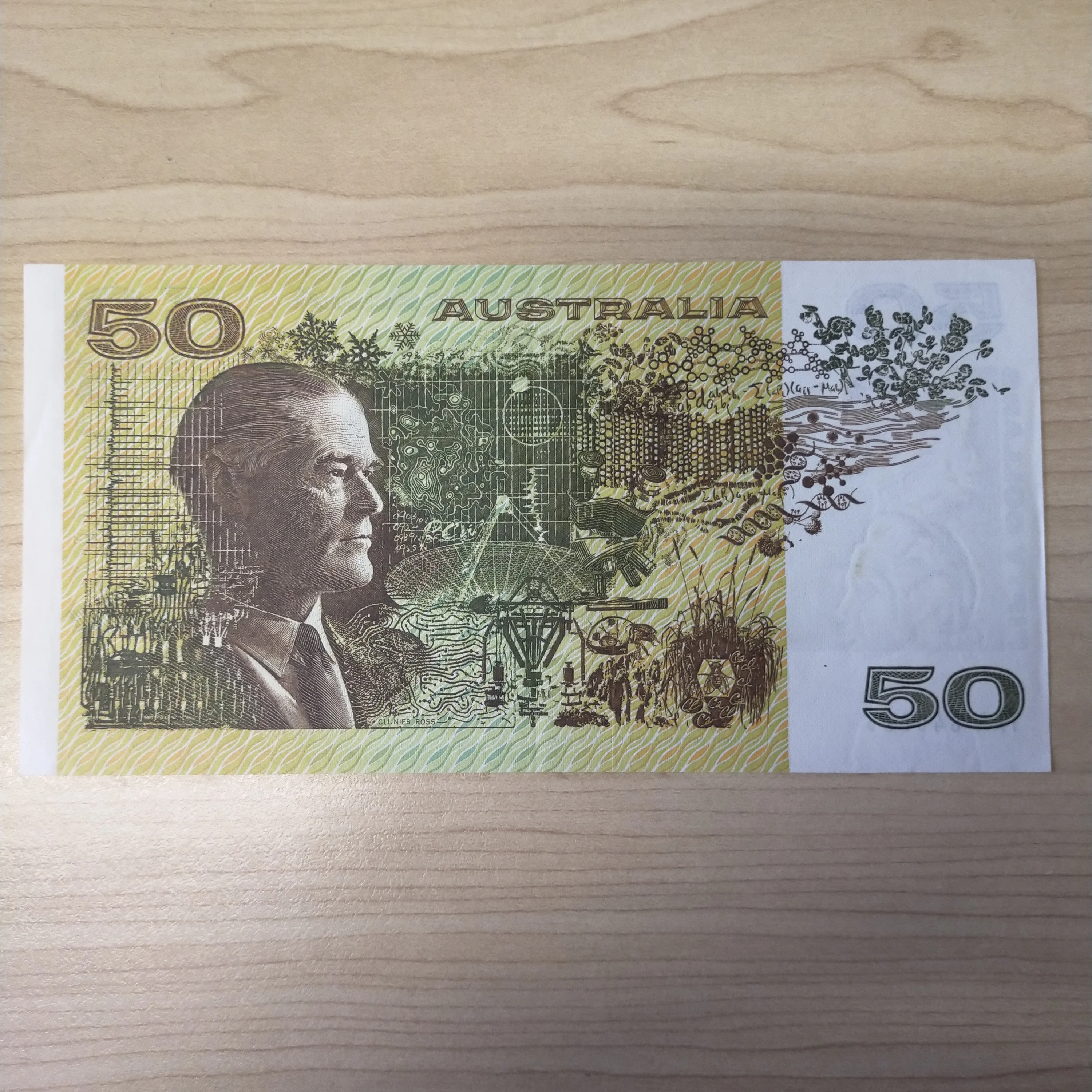 R505F Australian $50 Phillips Wheeler First Prefix aUnc Banknote - Light Fold - Image 2