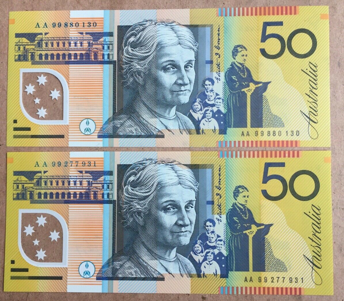 R518cF 1999 $50 Australia  Macfarlane Evans First Prefix AA 99 Consecutive Pair.