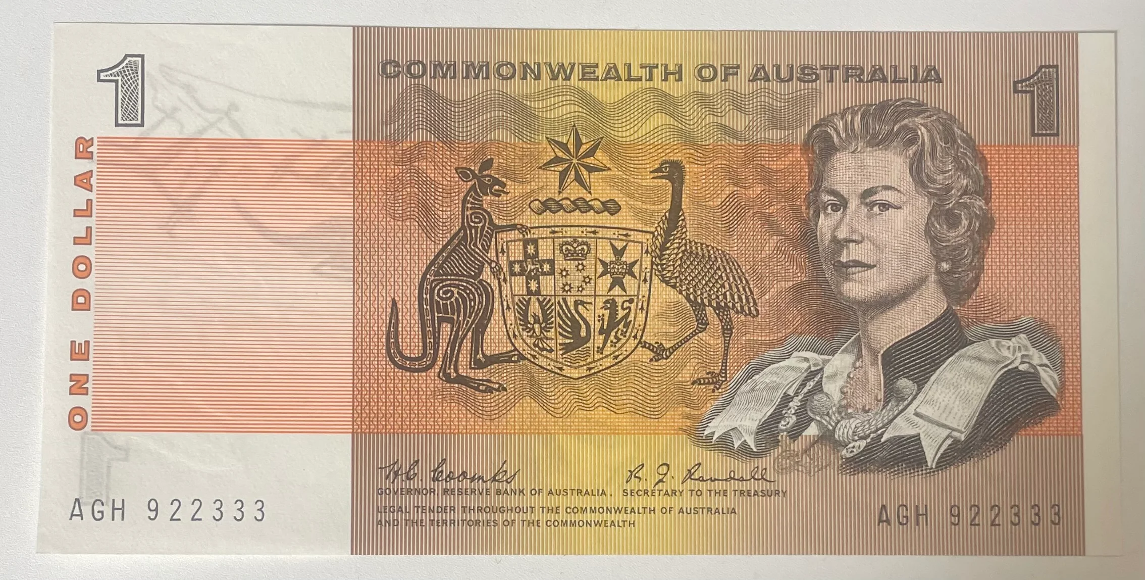 Australia $1 Commonwealth Of Australia Coombs/Randall Banknote. Light centre fold, about Uncirculated. R72