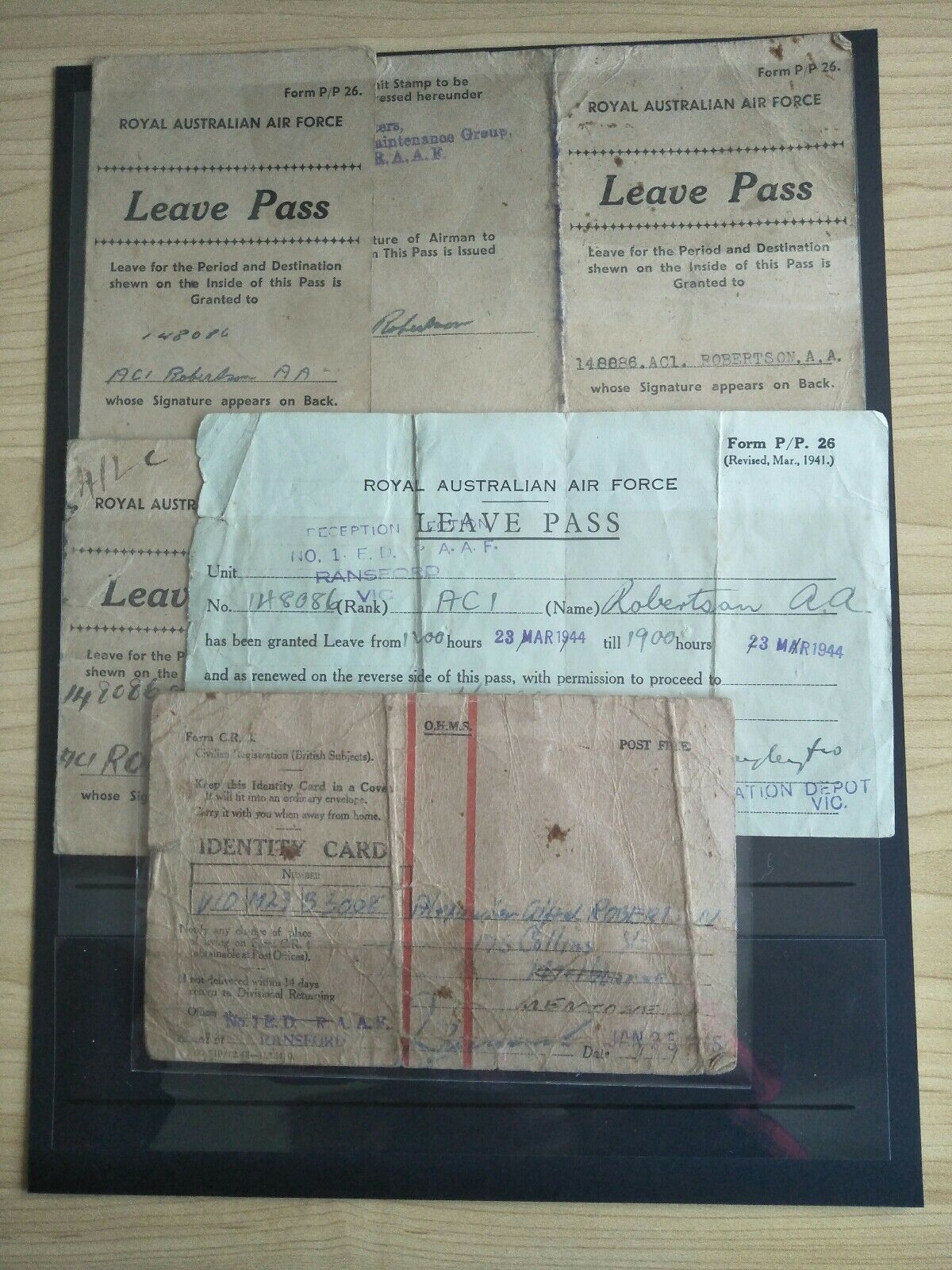 Royal Australian Air Force 10 Items A. A. Robertson Leave Pass, Ration Tickets