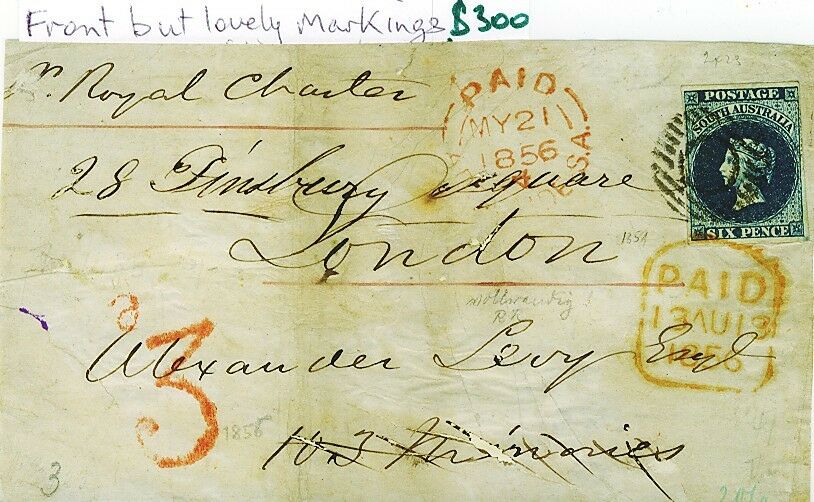 SA Australian States Adelaide to London front bearing 6d deep blue imperf SG 3