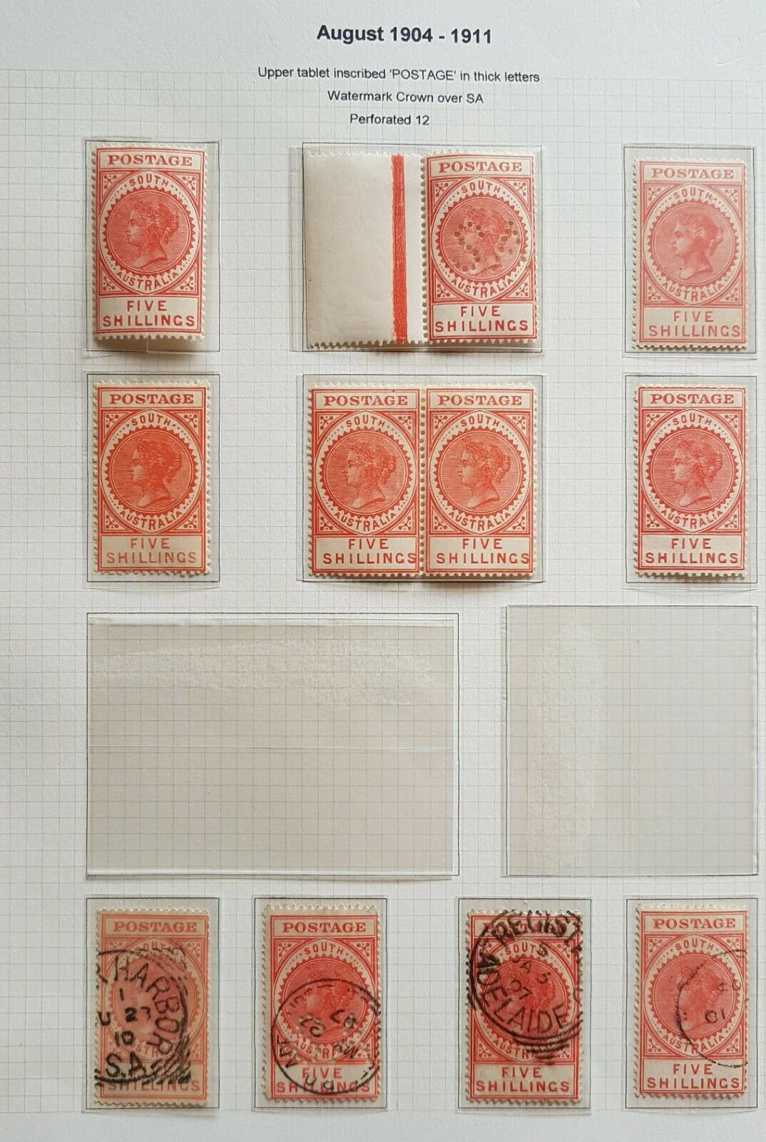 SA South Australia 1904 long types on 9 pages including rare £1 Perf SA pair M - Image 7