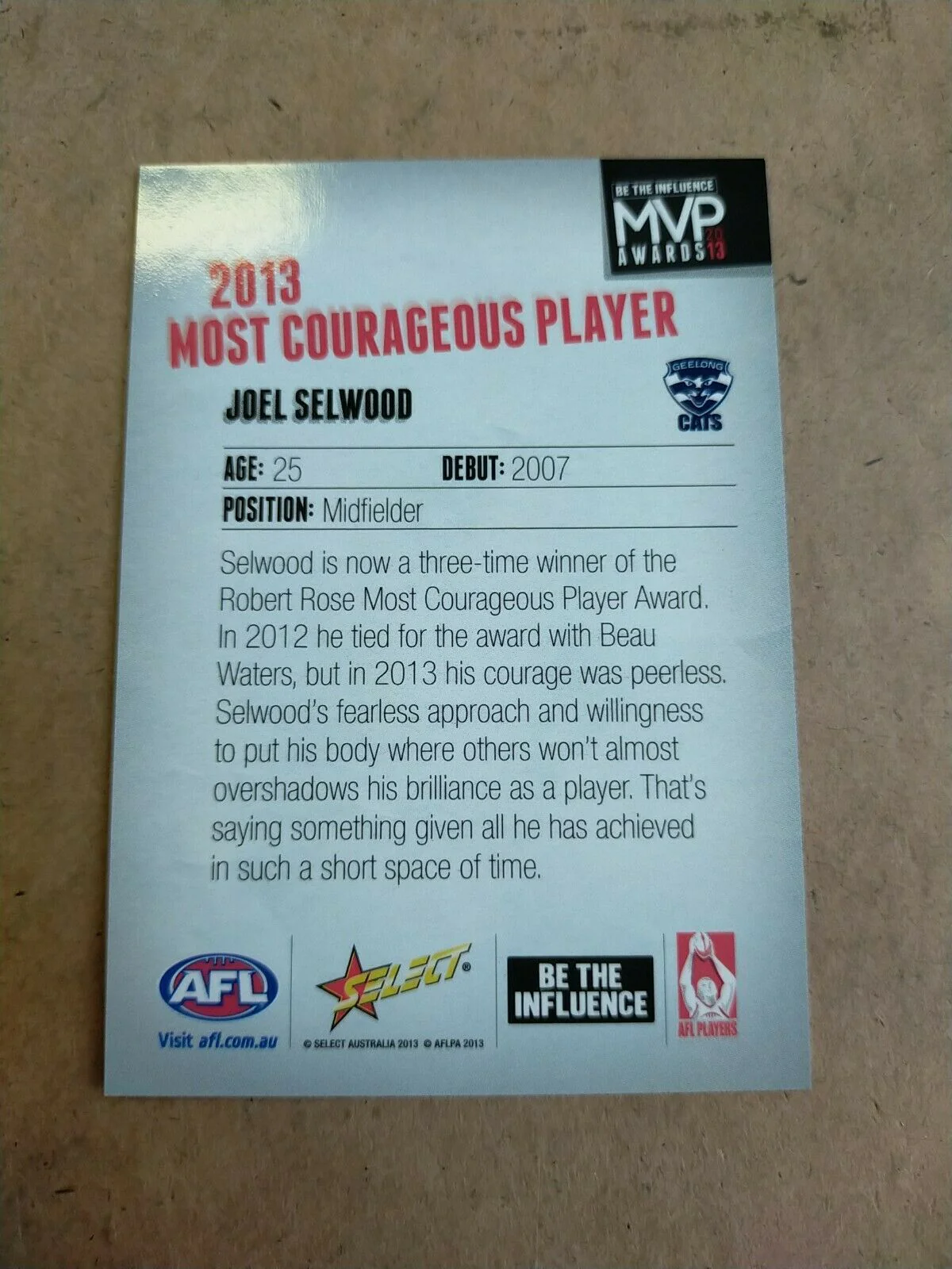 Select 2013 MVP Awards Joel Selwood Most Courageous Player Geelong Cats - Image 2