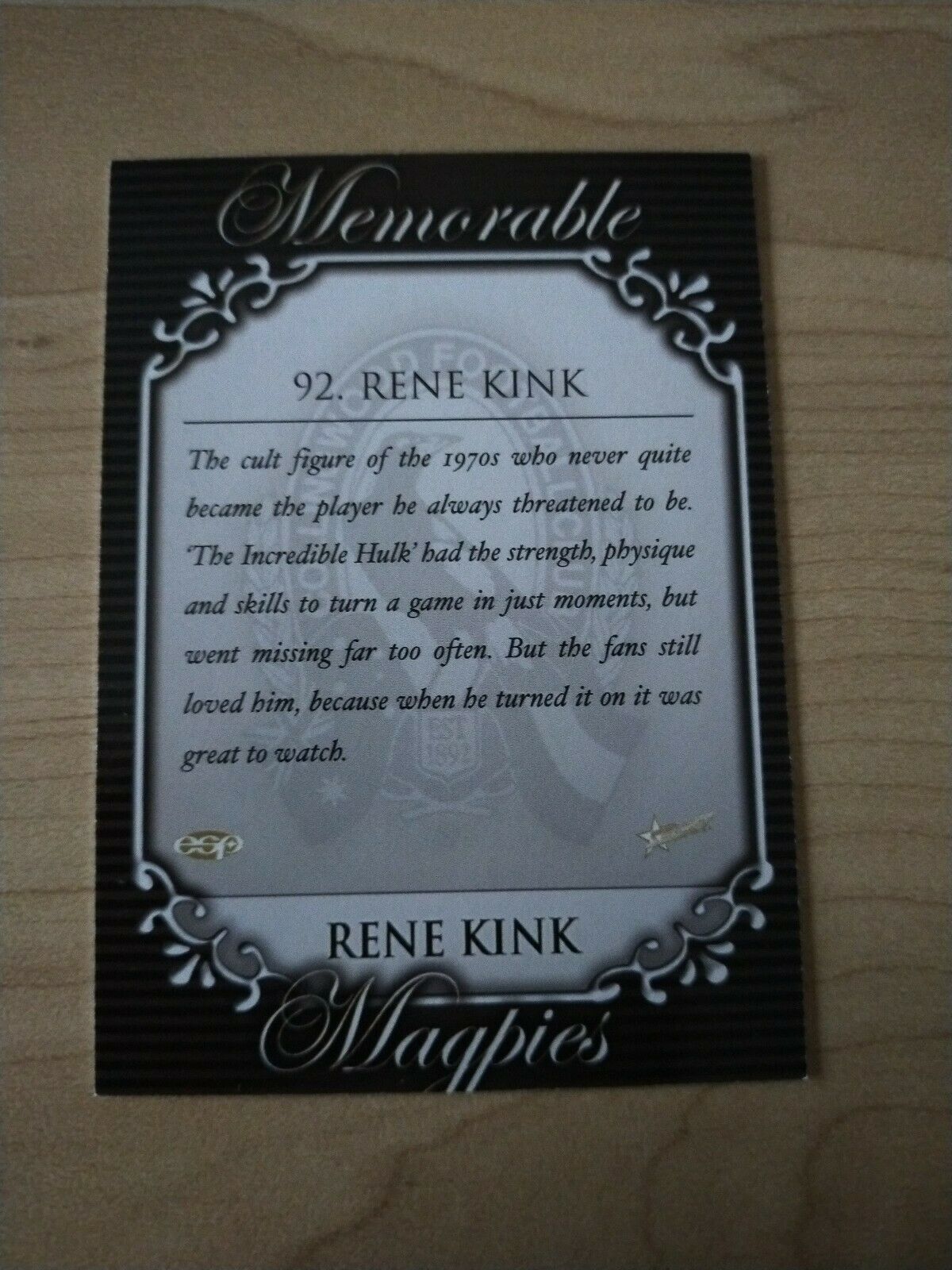 Select ESP Official AFL Collingwood Team Of The Century Rene Kink (92) - Image 2