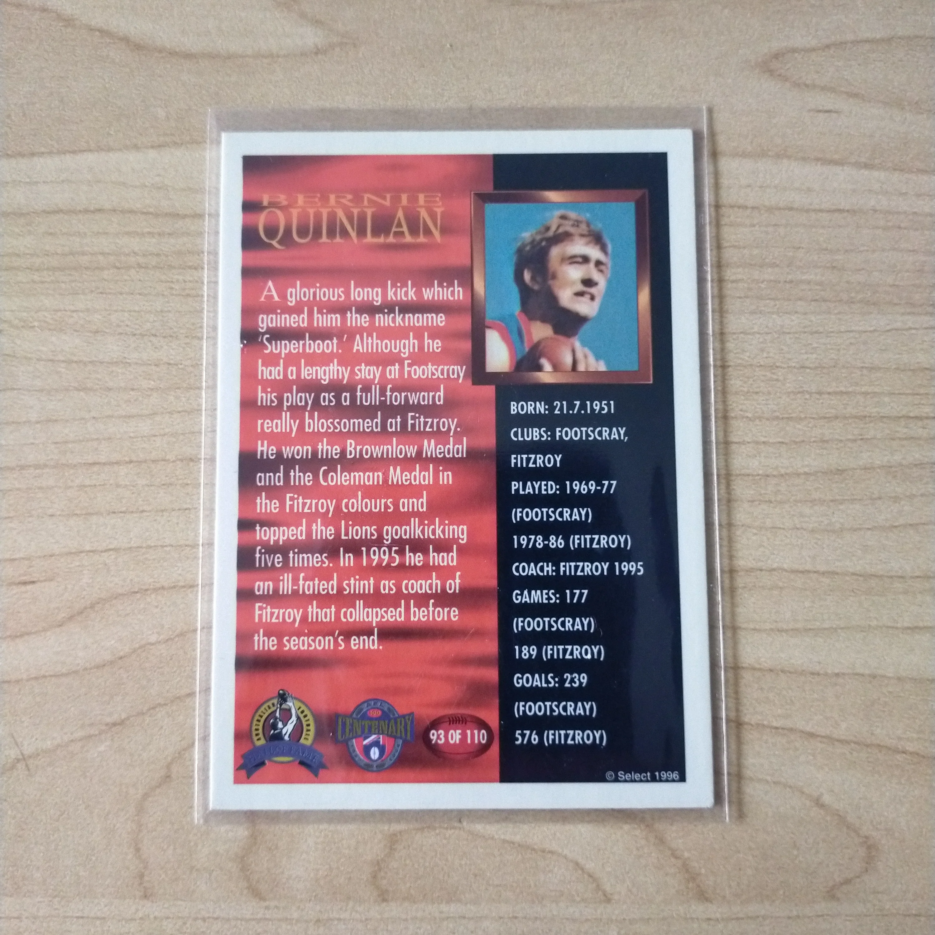 Select Hall of Fame Bernie Quinlan Footscray Hand Signed Card - Image 2