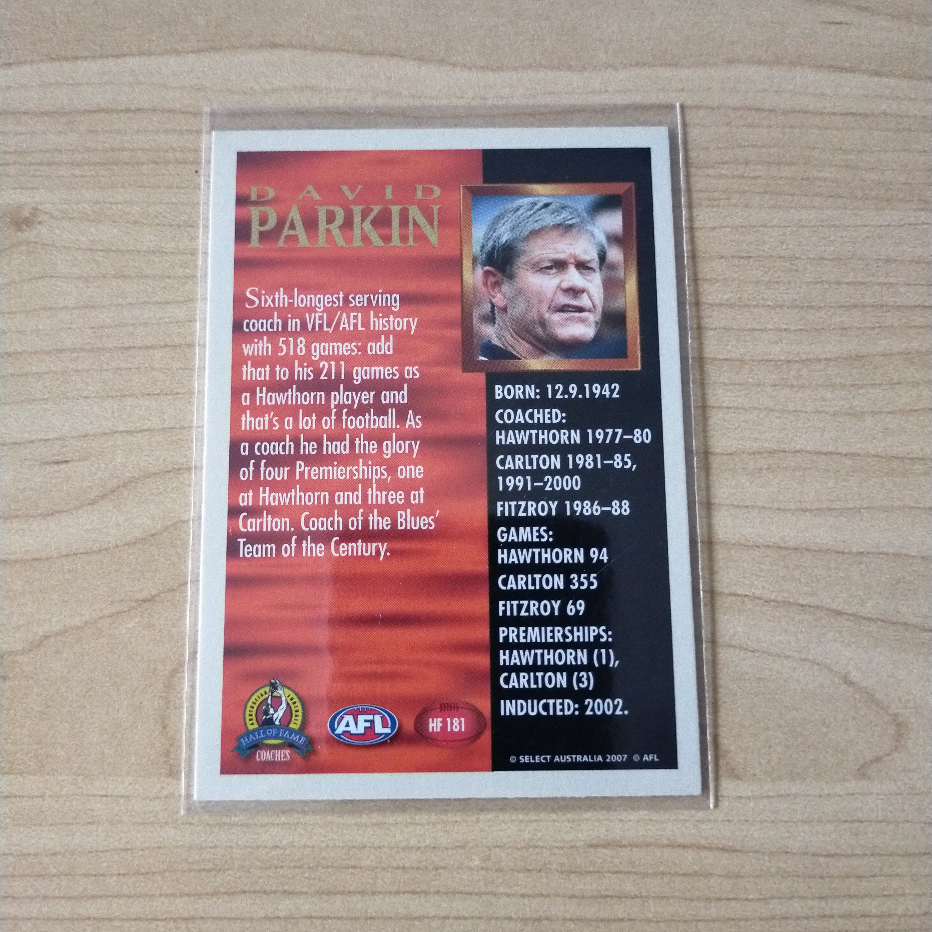Select Hall of Fame David Parkin Hand Signed Card - Image 2