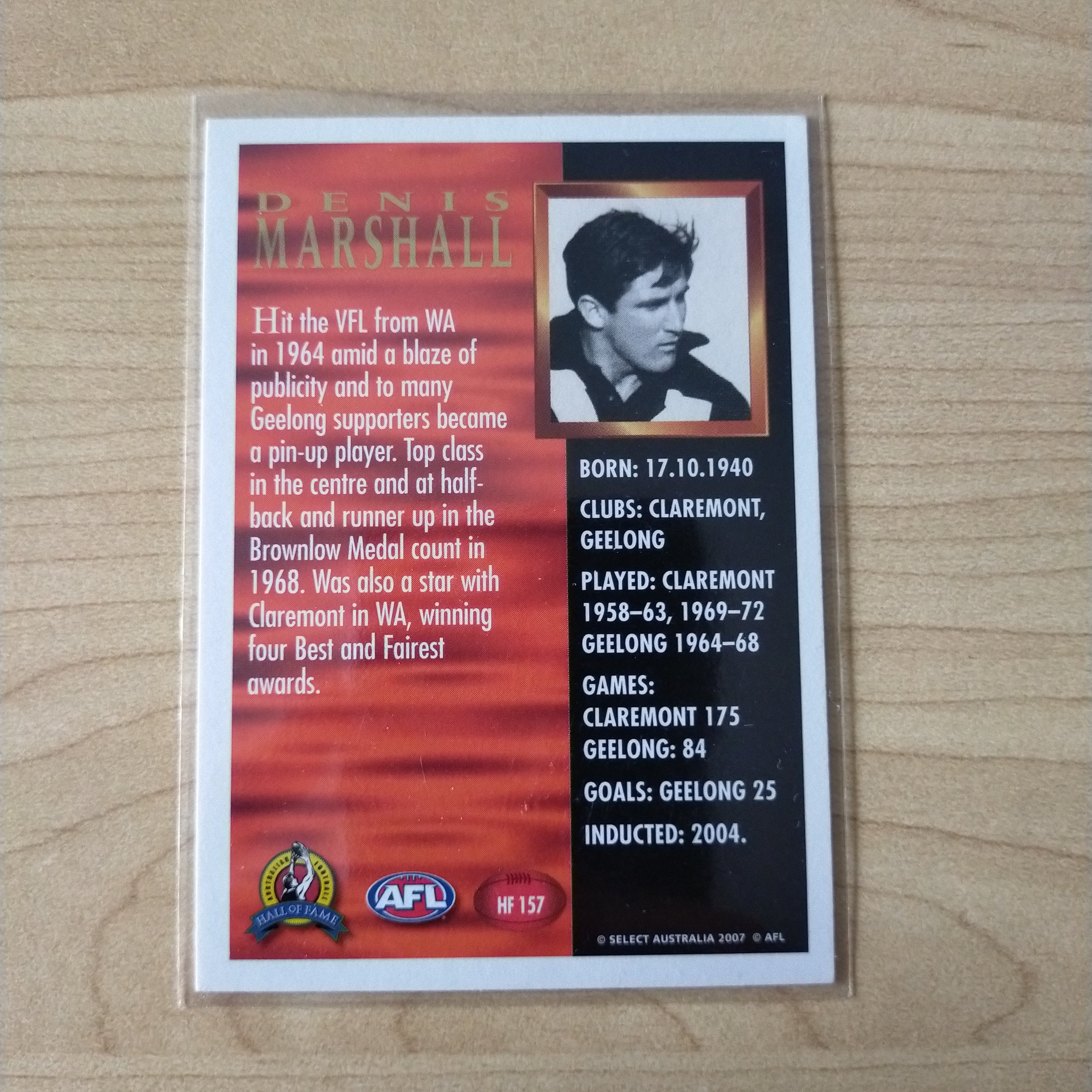 Select Hall of Fame Denis Marshall Geelong Hand Signed Card - Image 2