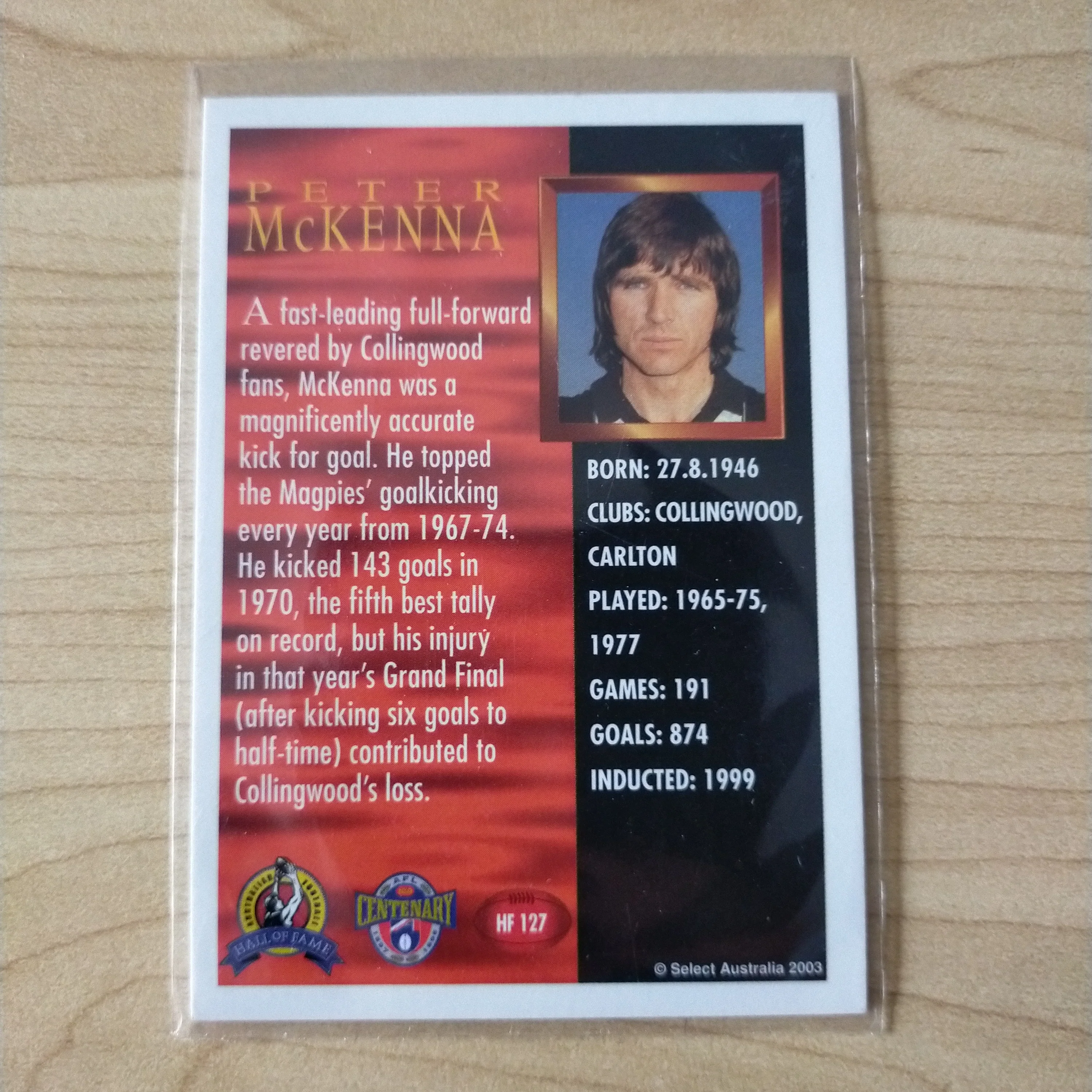 Select Hall of Fame Peter McKenna Collingwood Hand Signed Card - Image 2