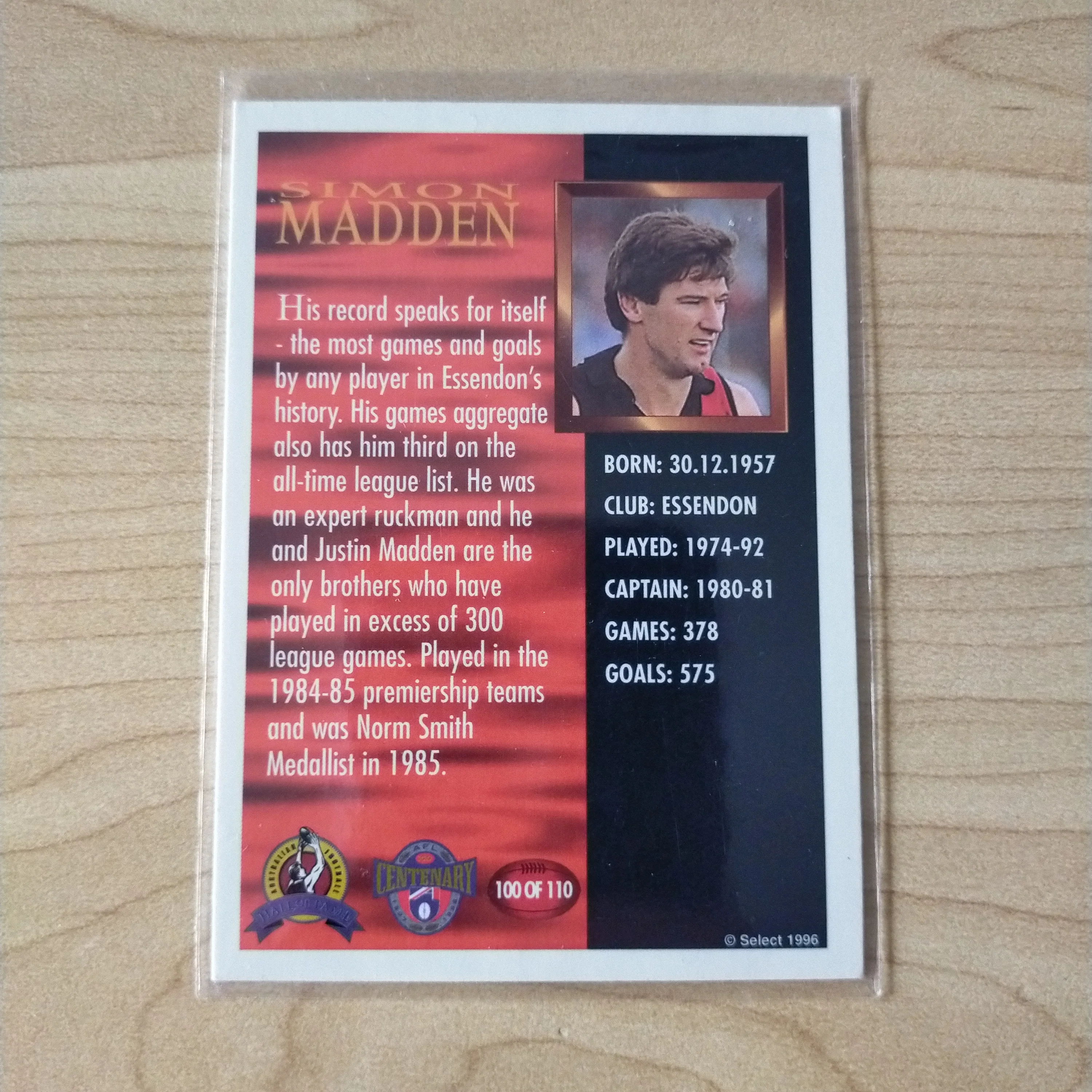 Select Hall of Fame Simon Madden Essendon Hand Signed Card - Image 2