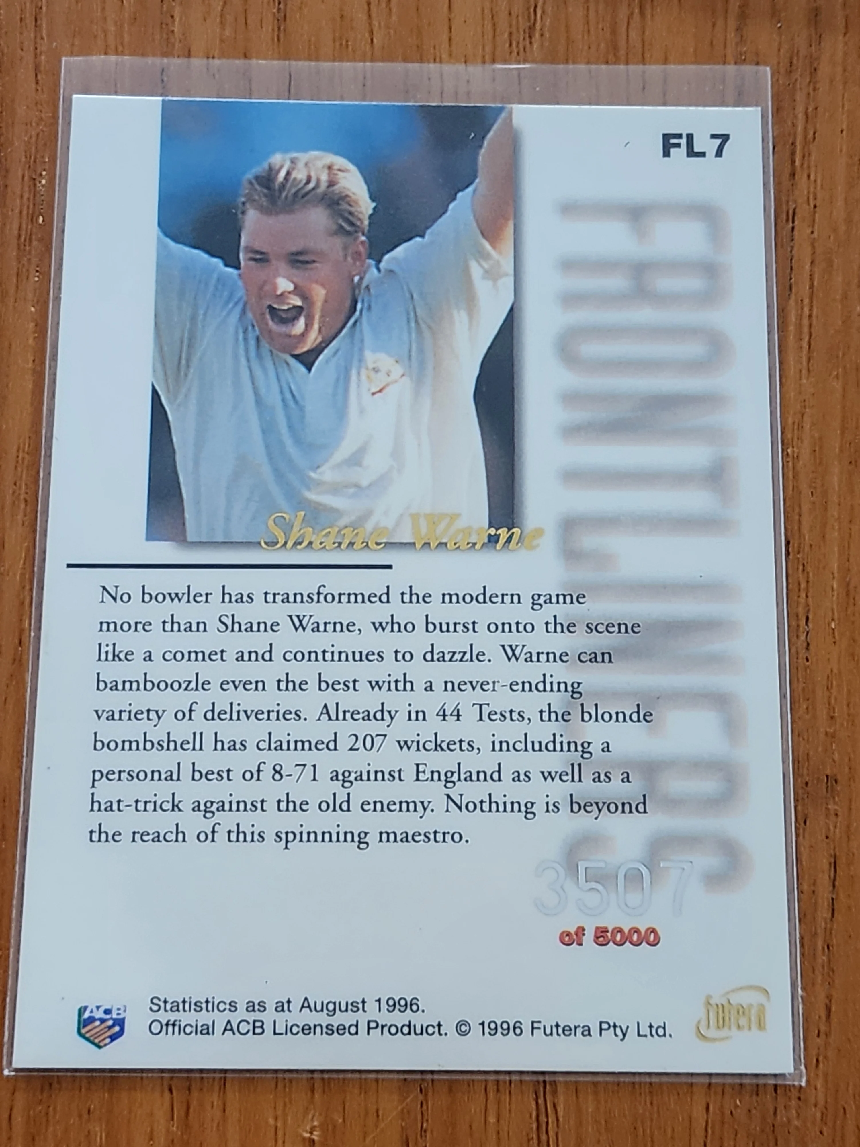 SHANE WARNE 1996 Futera Cricket Card Insert AUSTRALIA #FL7 3507/5000 - Image 2