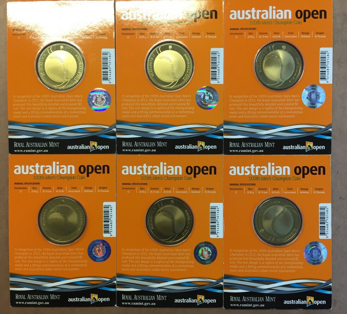 Australia 2012 $5 Australian Open Tennis 100th Men's Championship x 6 Coins - Image 2