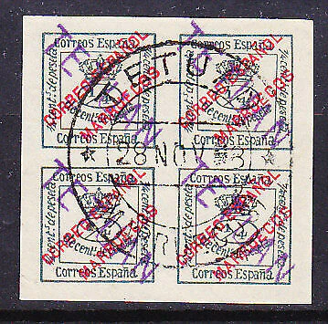 Spain SG 24 Handstamped TETUAN ½c green block of 4 imperf Used