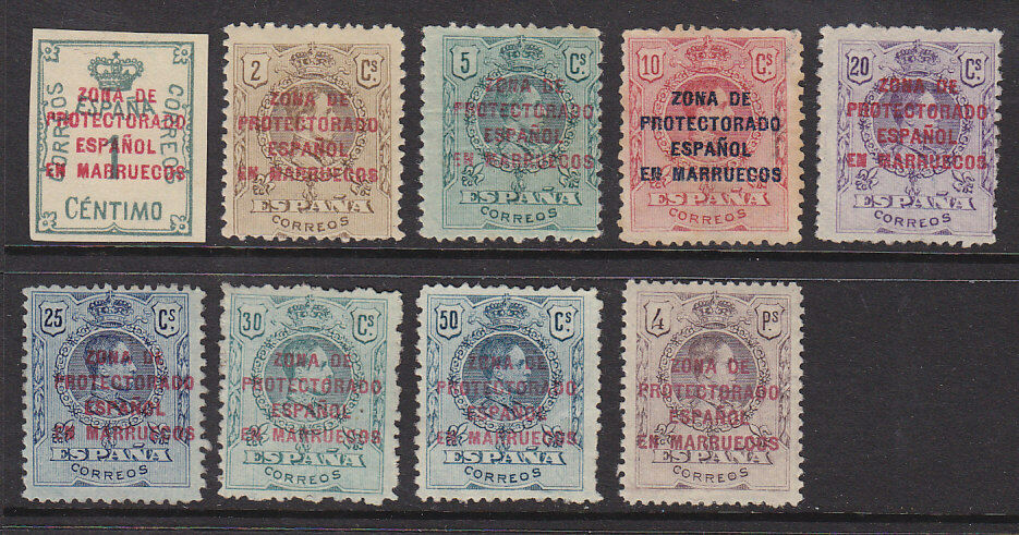 Spanish Morocco on Spain SG 69-80, 9 values from 1c to 4p Mint Hinged.