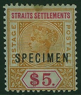 Straits Settlements Malayan States SG 105s $5 orange + carmine optd SPECIMEN MLH
