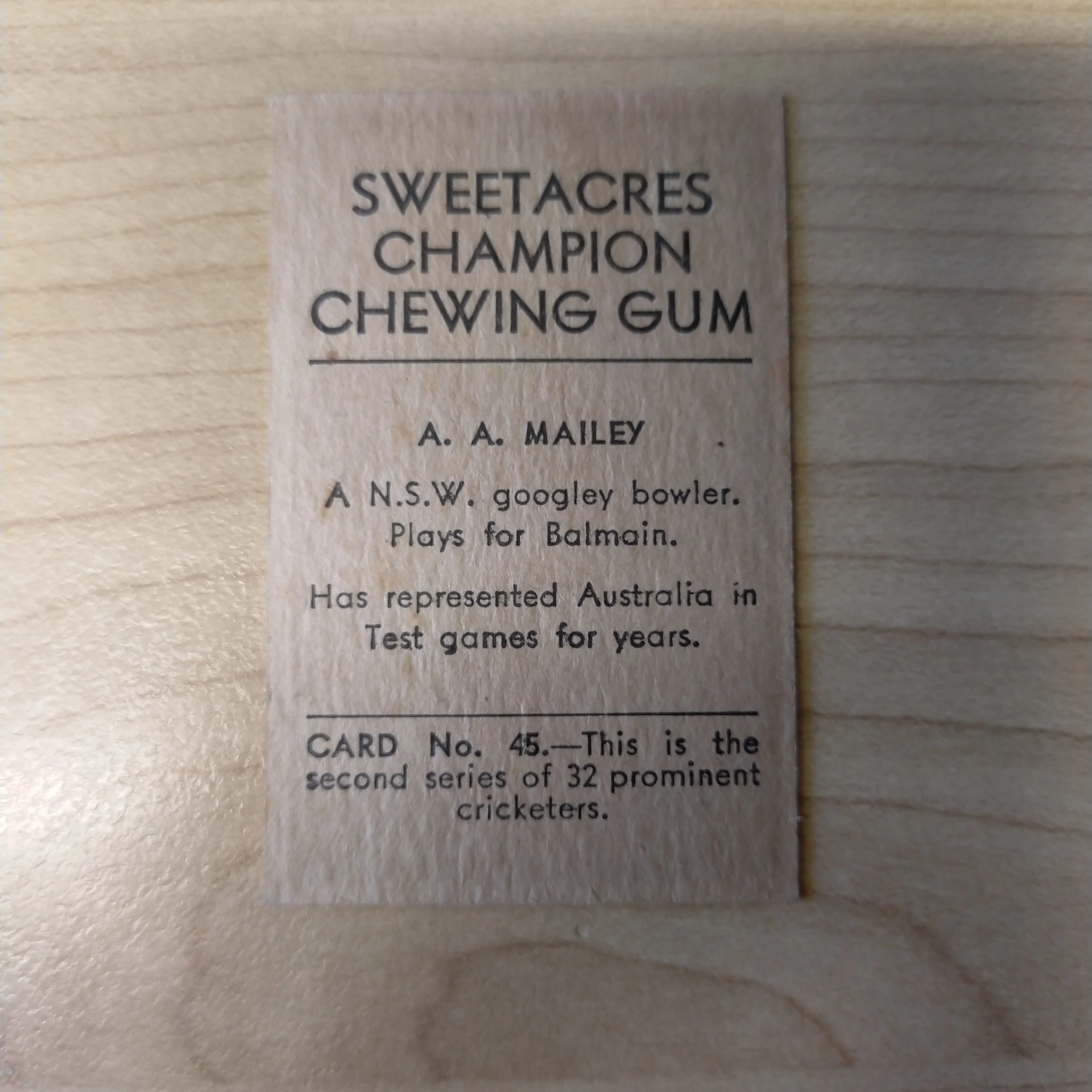 Sweetacres Champion Chewing Gum A A Mailey Prominent Cricketers Cricket Cigarette Card No.45 - Image 2