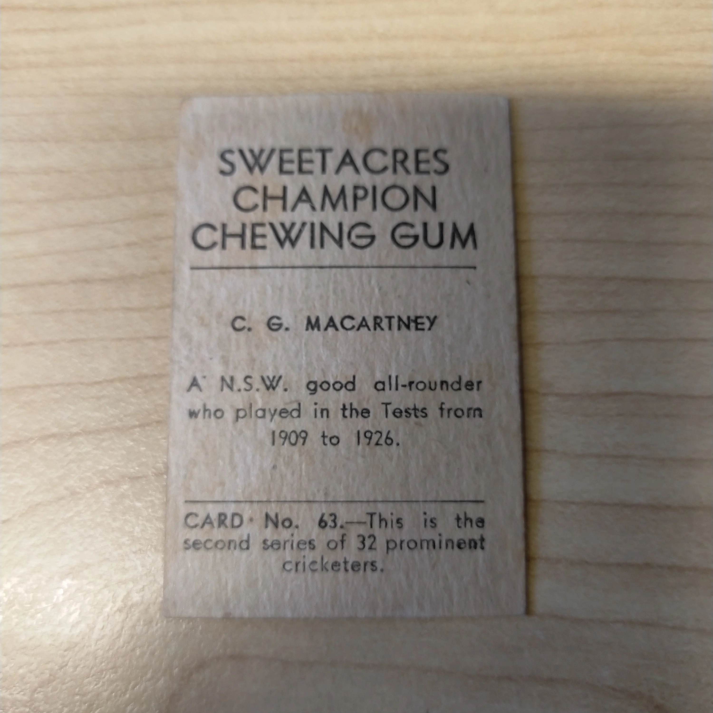 Sweetacres Champion Chewing Gum C G Macartney Prominent Cricketers Cricket Cigarette Card No.63 - Image 2