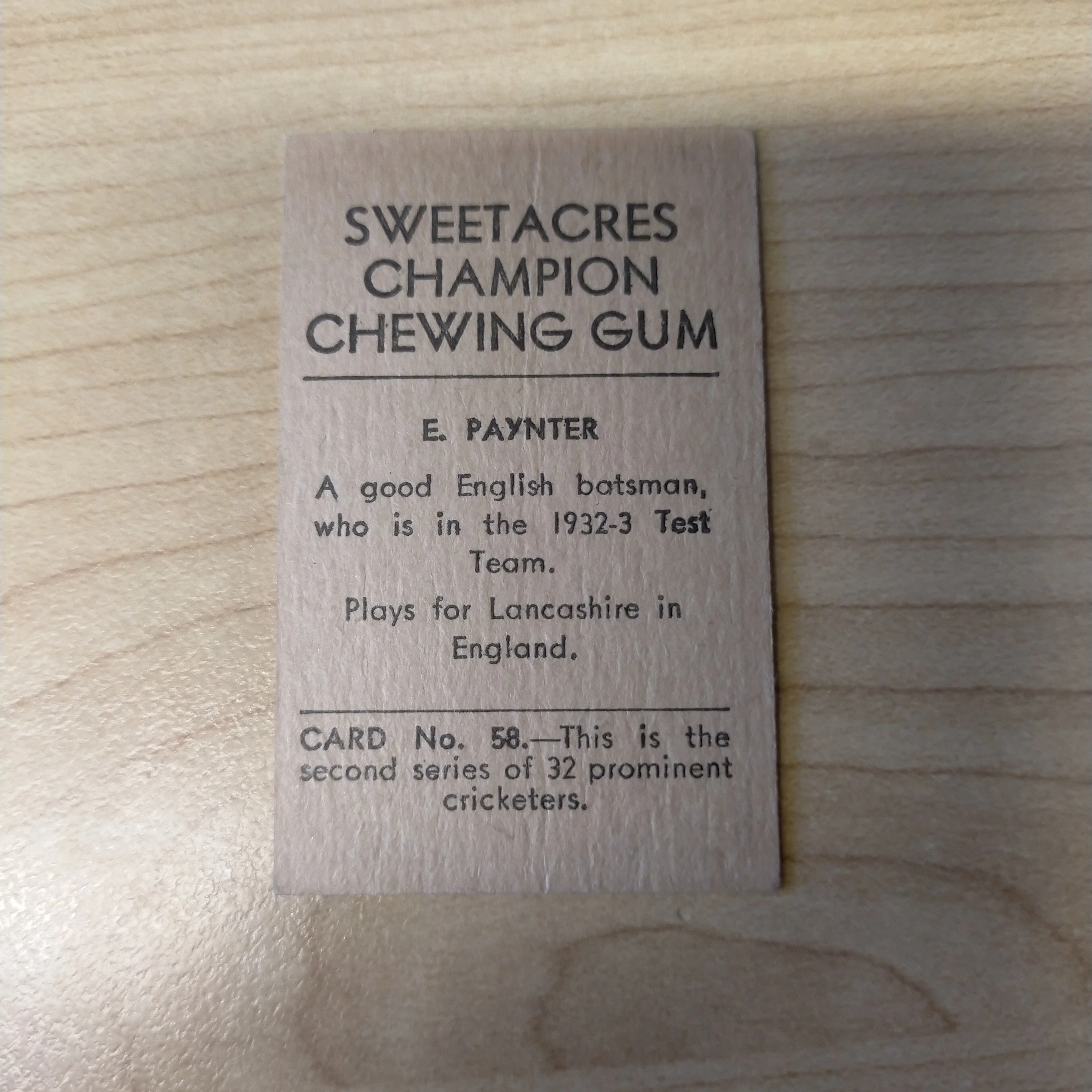 Sweetacres Champion Chewing Gum E Paynter Prominent Cricketers Cricket Cigarette Card No.58 - Image 2
