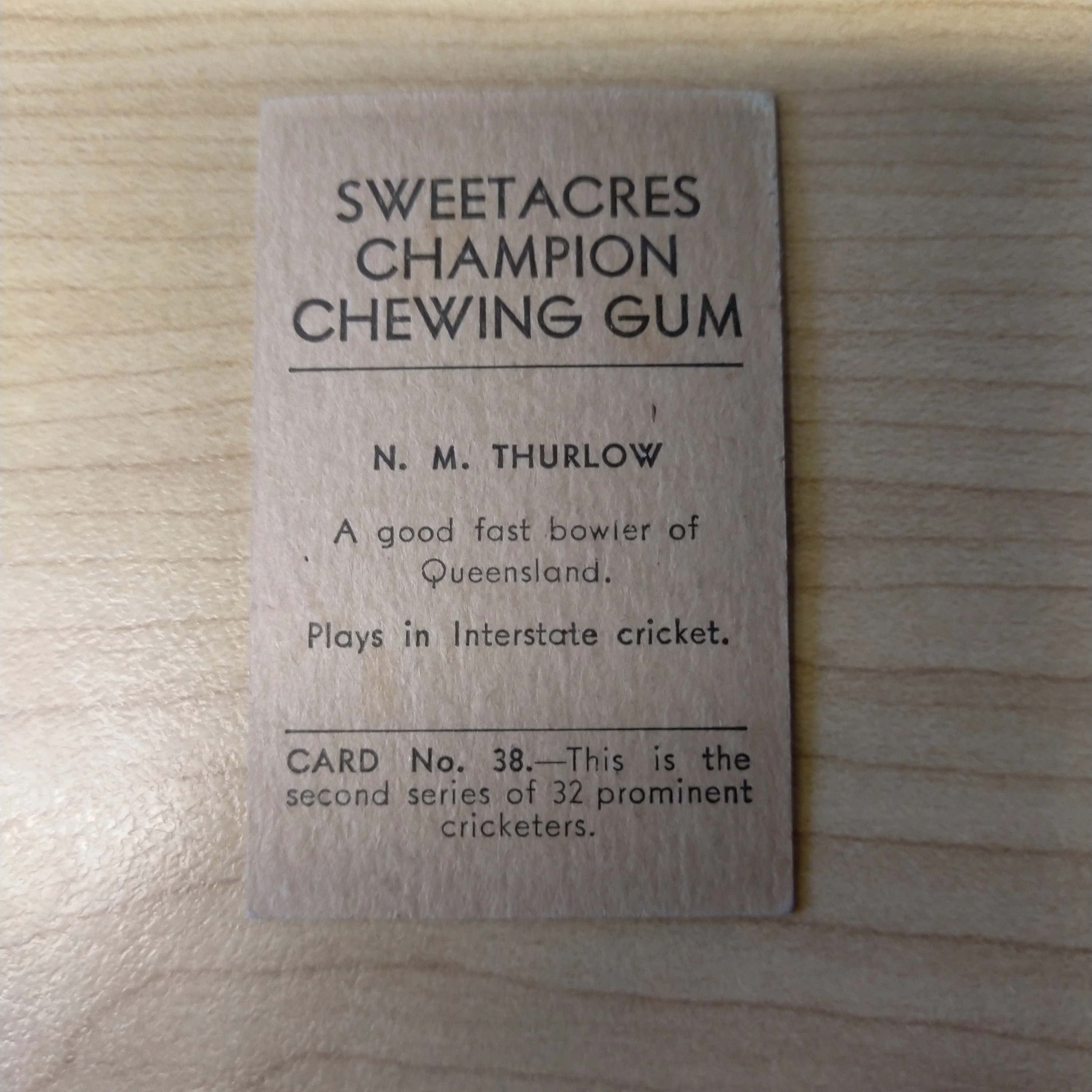 Sweetacres Champion Chewing Gum H M Thurlow Prominent Cricketers Cricket Cigarette Card No.38 - Image 2