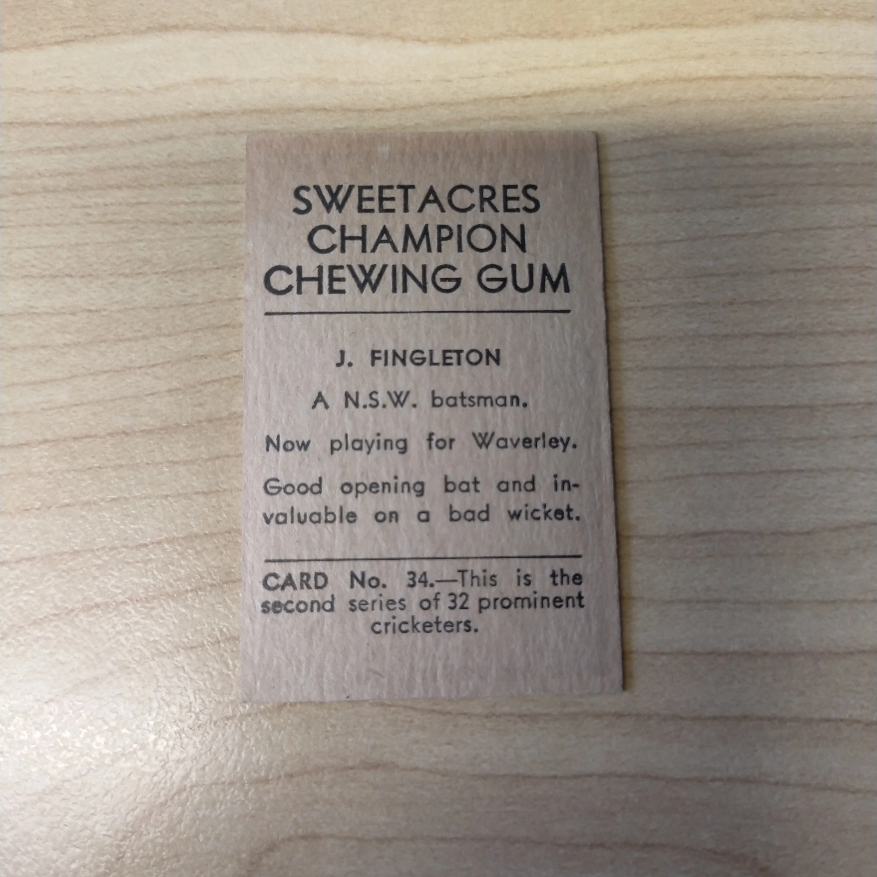Sweetacres Champion Chewing Gum J Fingleton Prominent Cricketers Cricket Cigarette Card No.34 - Image 2