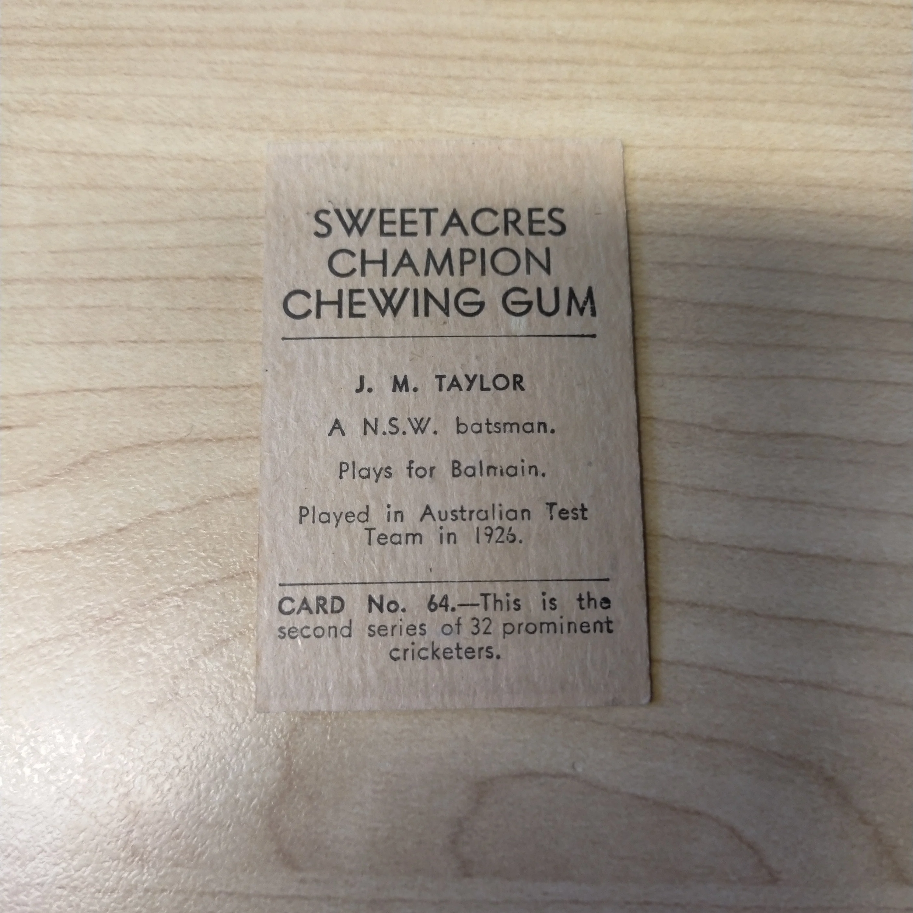 Sweetacres Champion Chewing Gum J M Taylor Prominent Cricketers Cricket Cigarette Card No.64 - Image 2