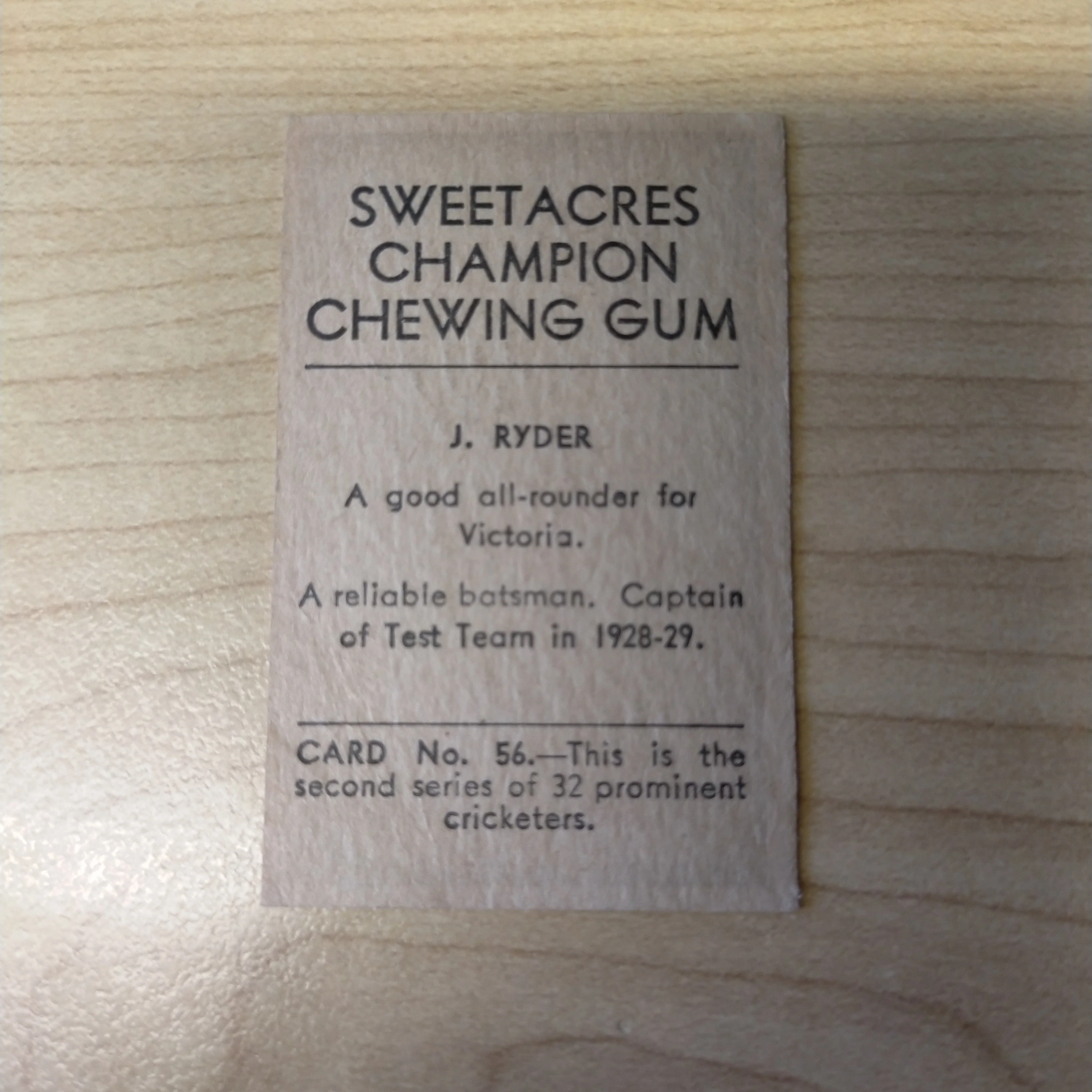 Sweetacres Champion Chewing Gum J Ryder Prominent Cricketers Cricket Cigarette Card No.56 - Image 2