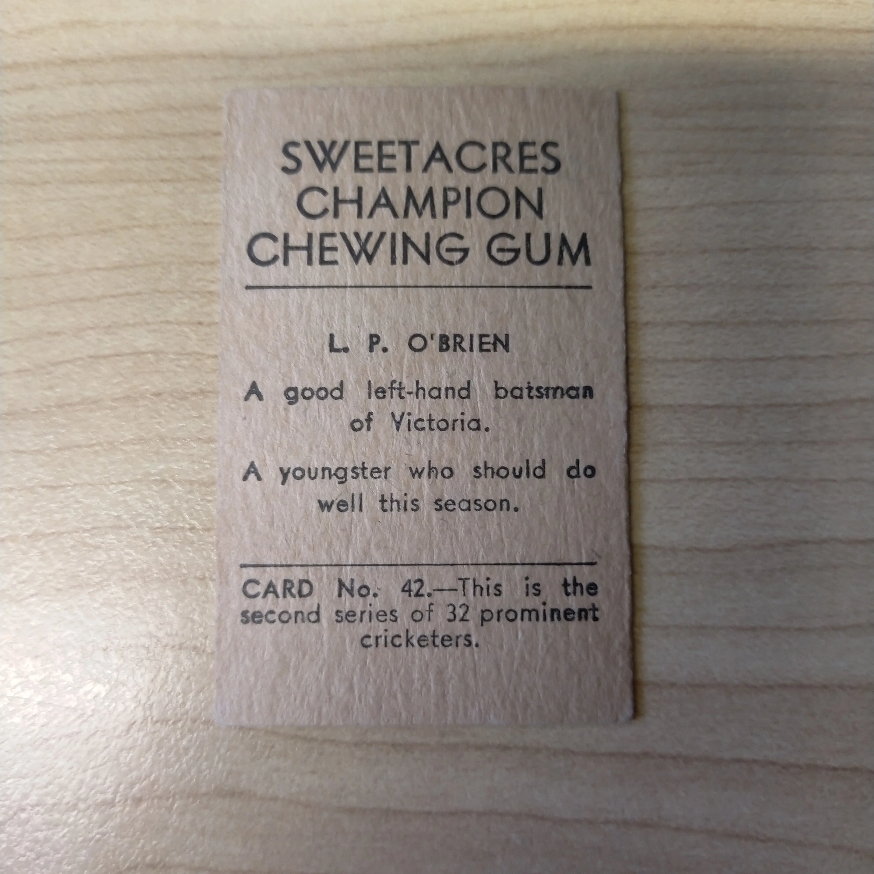 Sweetacres Champion Chewing Gum L P O'Brien Prominent Cricketers Cricket Cigarette Card No.42 - Image 2