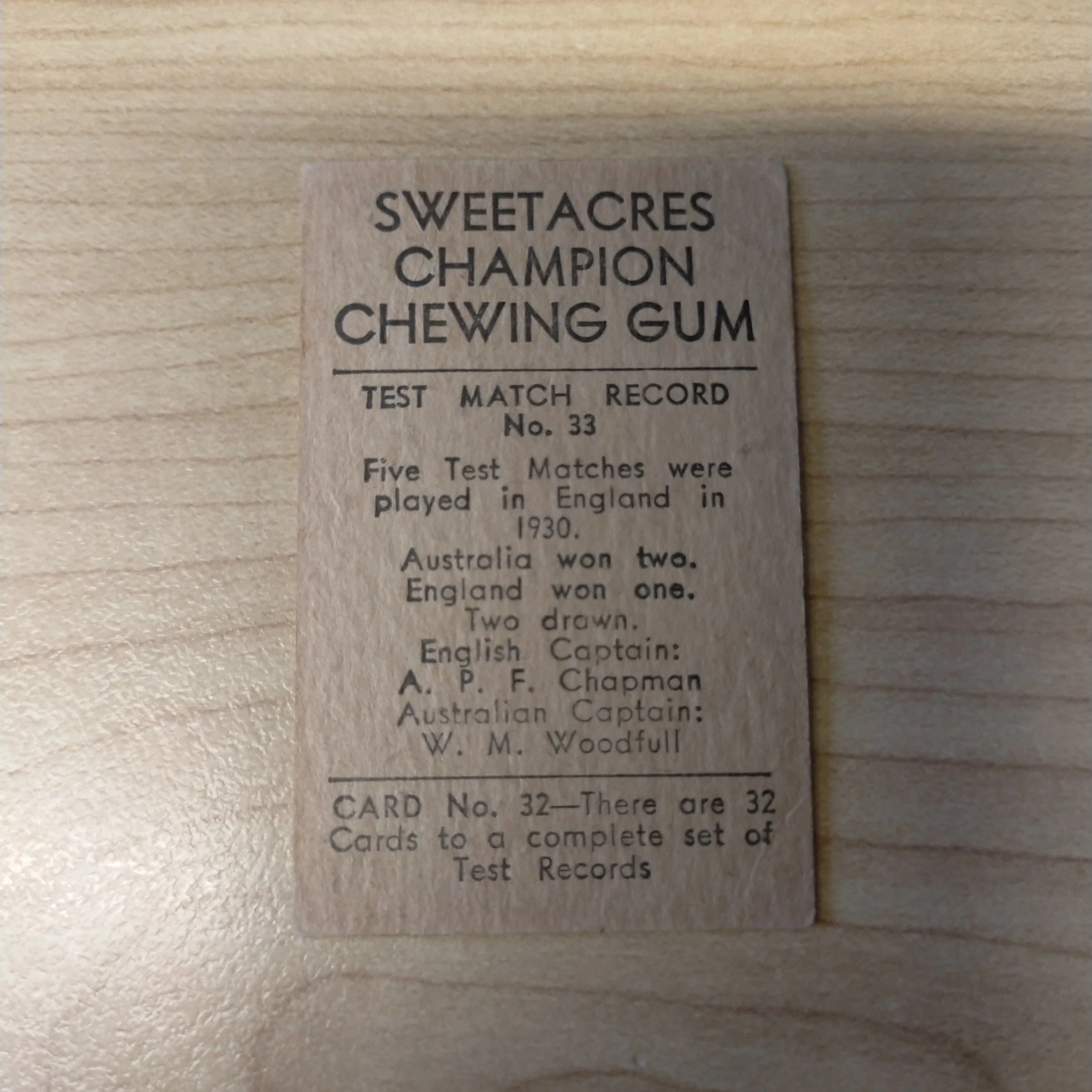 Sweetacres Champion Chewing Gum M W Tate Test Match Records Cricket Cigarette Card No.33 - Image 2