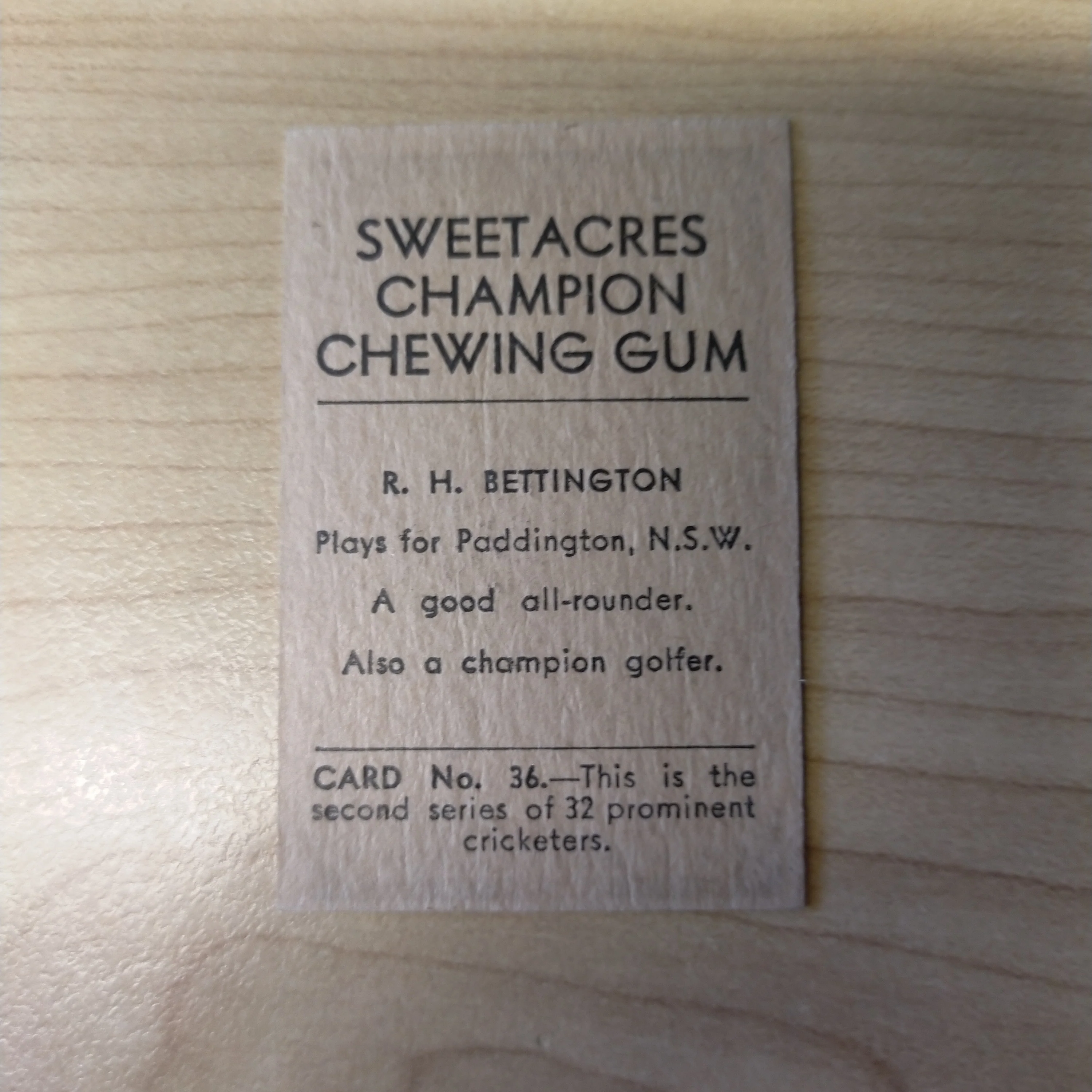 Sweetacres Champion Chewing Gum R H Bettington Prominent Cricketers Cricket Cigarette Card No.36 - Image 2