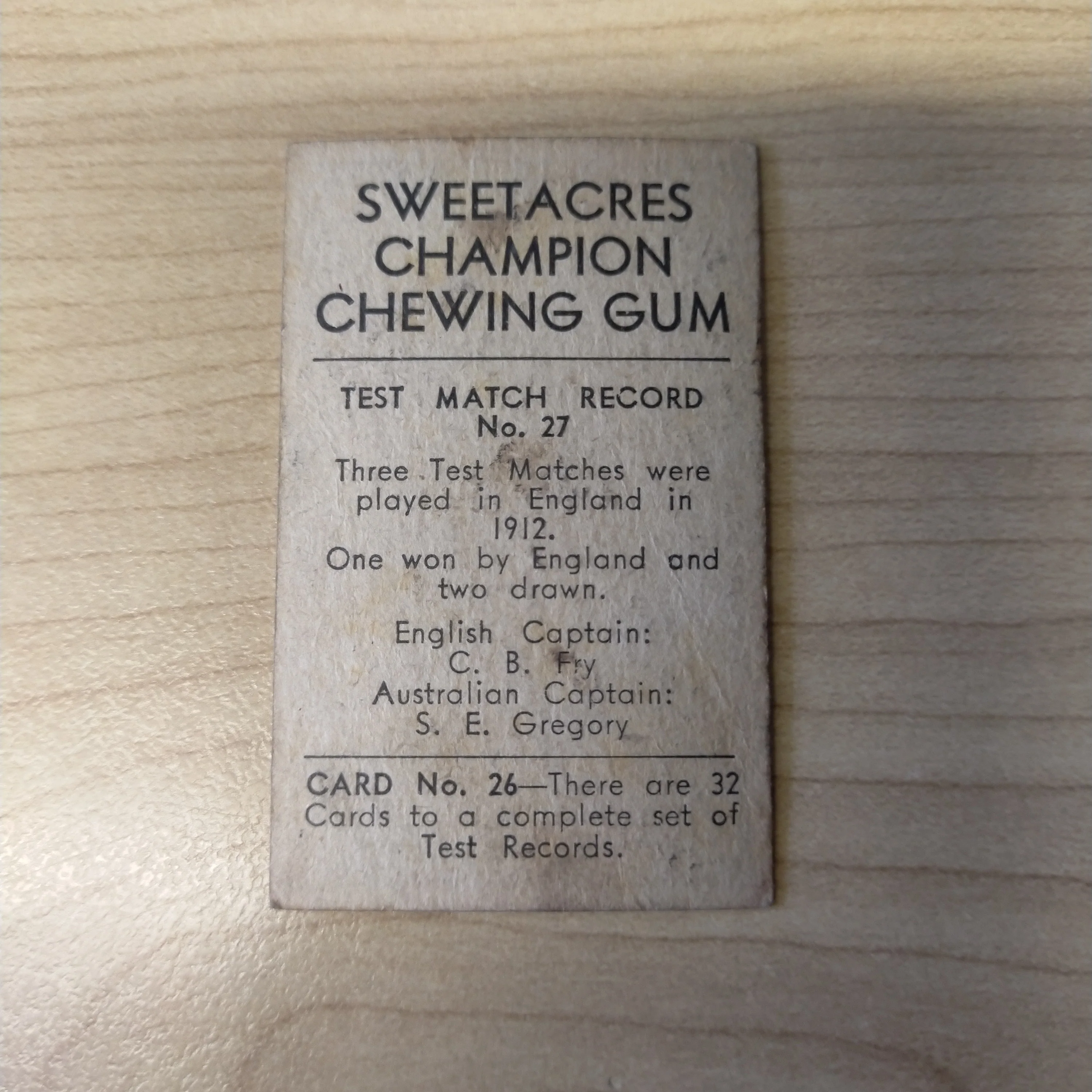 Sweetacres Champion Chewing Gum W J O'Reilly Test Match Records Cricket Cigarette Card No.27 - Image 2