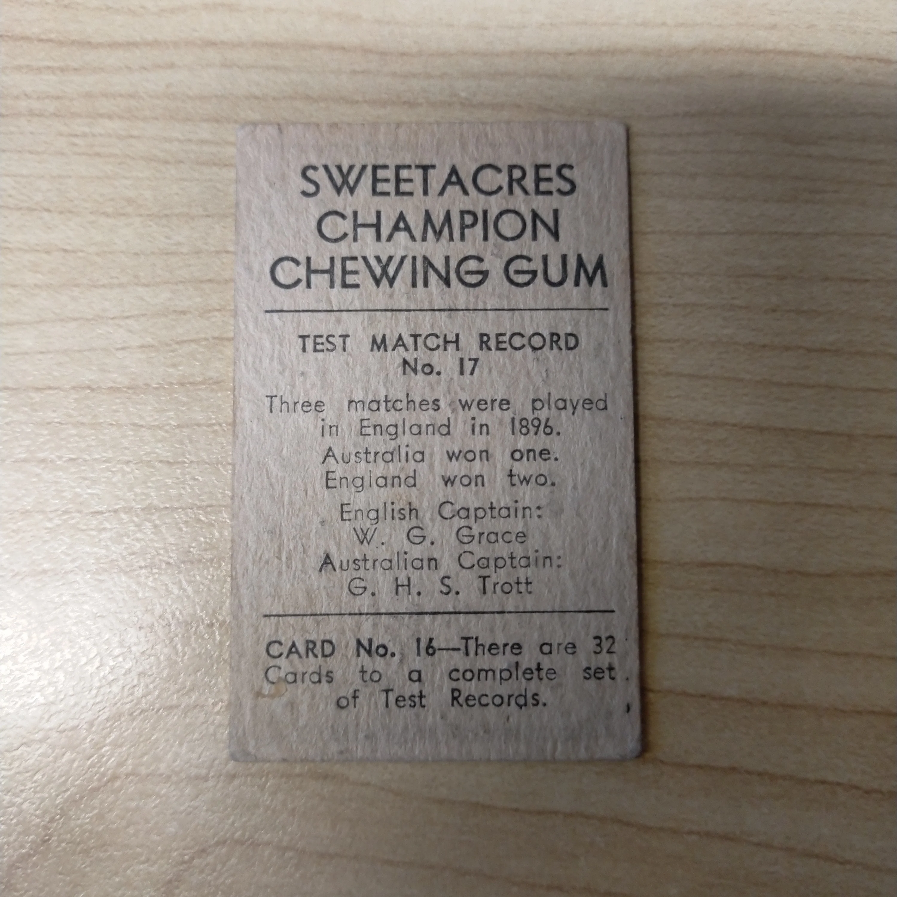 Sweetacres Champion Chewing Gum W M Woodfull Test Match Records Cricket Cigarette Card No.17 - Image 2