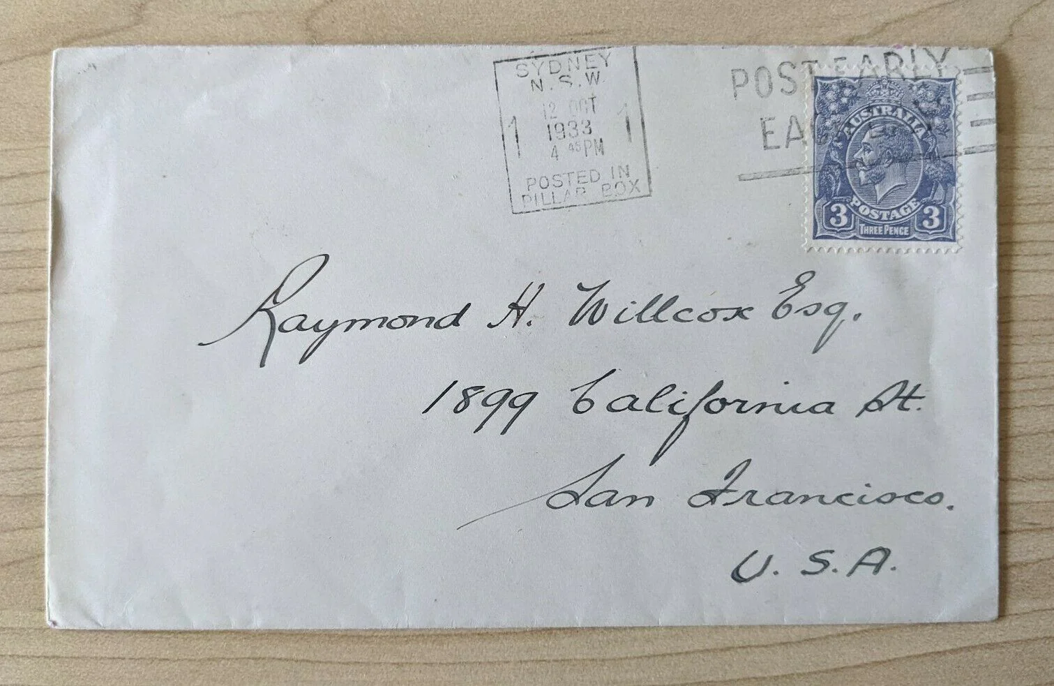 Sydney Australia to San Francisco USA Cover With 3d KGV Stamp