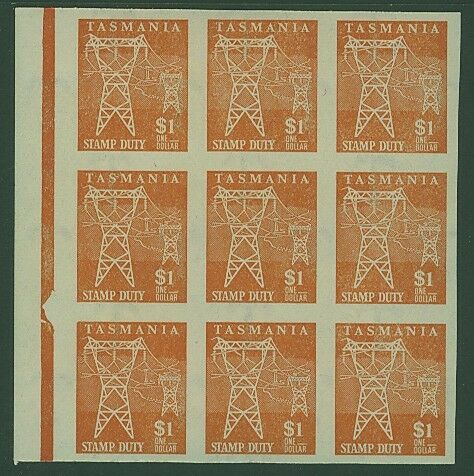 Tasmania 1966 Stamp Duty $1 electricity lines Imperf in block of 9 Superb MUH