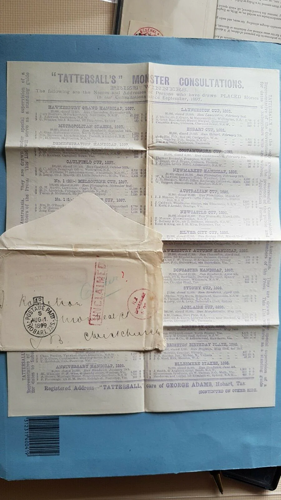 Tasmania 1d postage paid to NZ with Tattersalls Melbourne cup leaflet, unclaimed