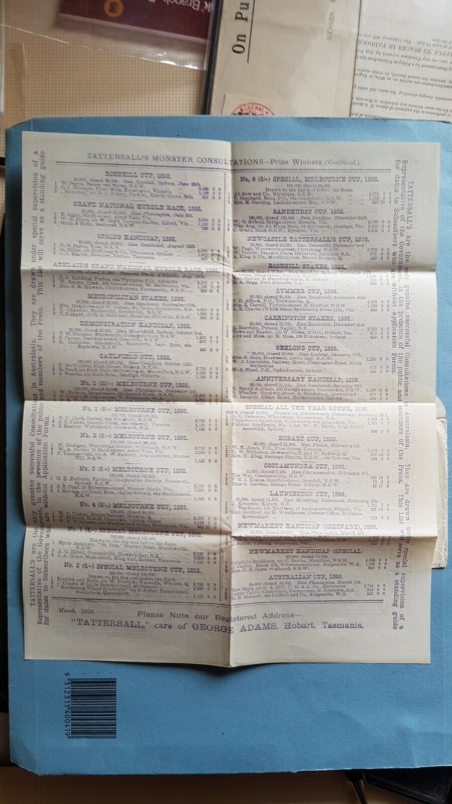 Tasmania 1d postage paid to NZ with Tattersalls Melbourne cup leaflet, unclaimed - Image 2