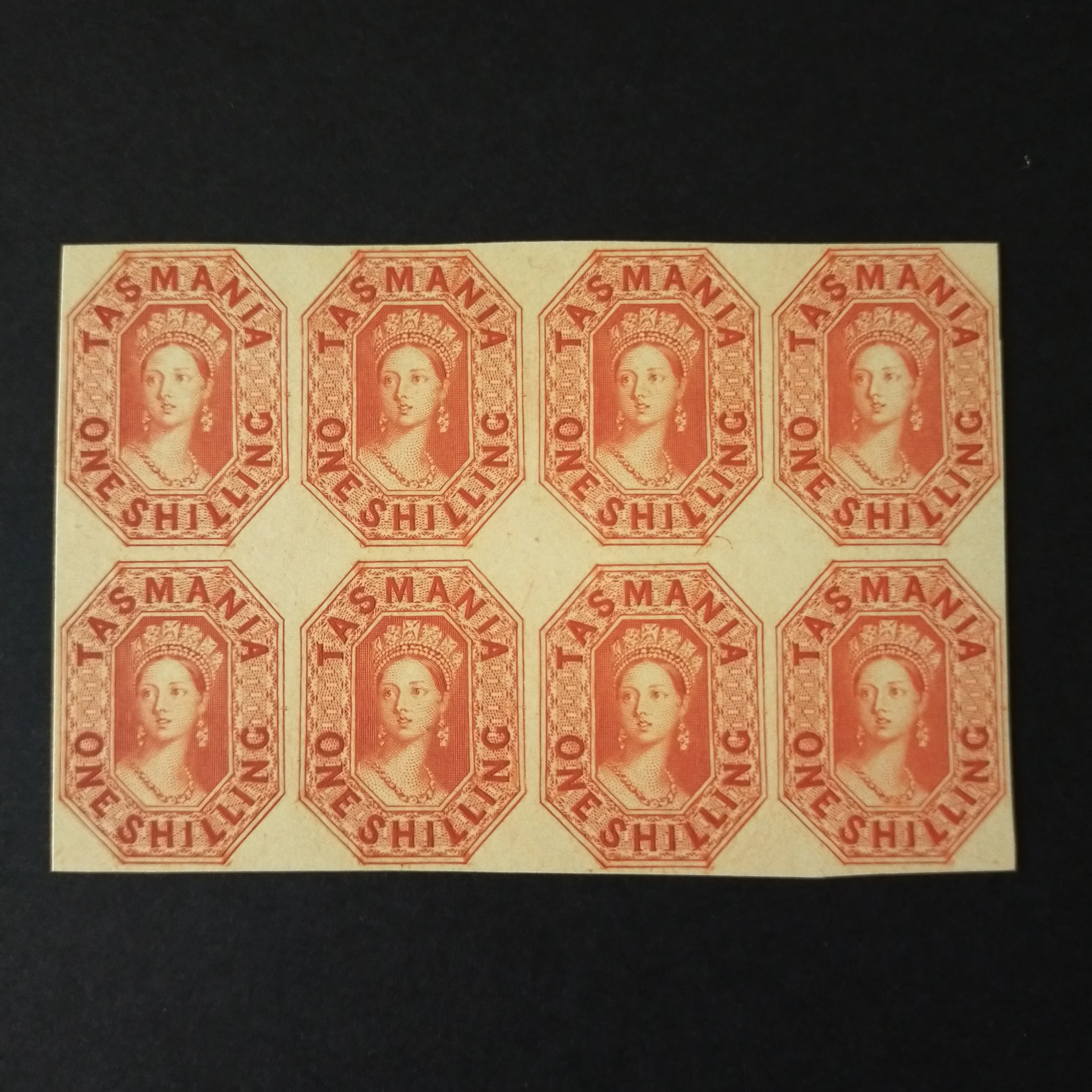 Tasmania Chalons, imperf reprints on thin card 1858 6d dull lilac & 1/- vermilion horiz block of 8 - Image 4