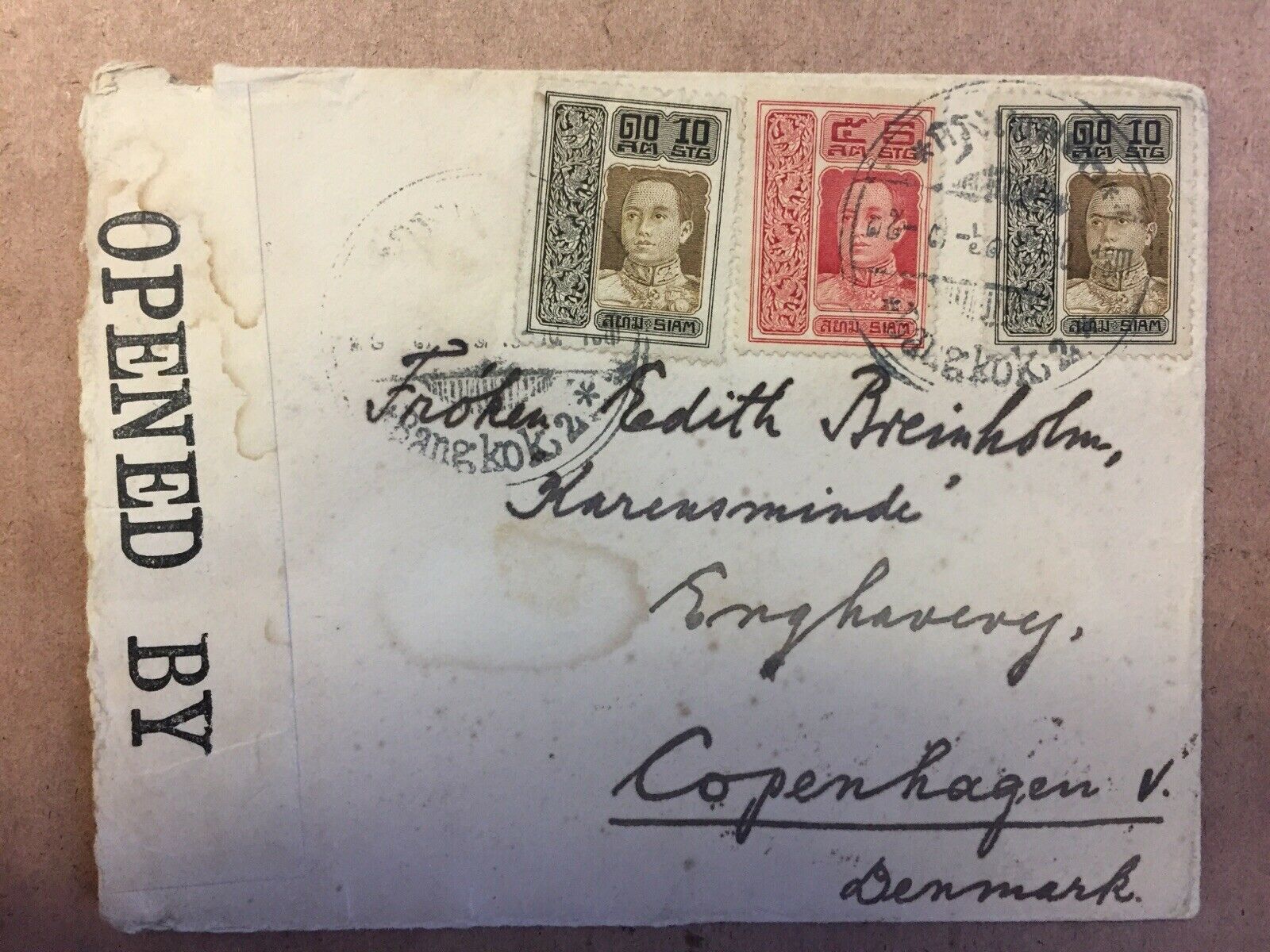 Thailand 1918 Rama VI Issues On Censor Cover.  Bangkok 2 15/3/18 To Denmark