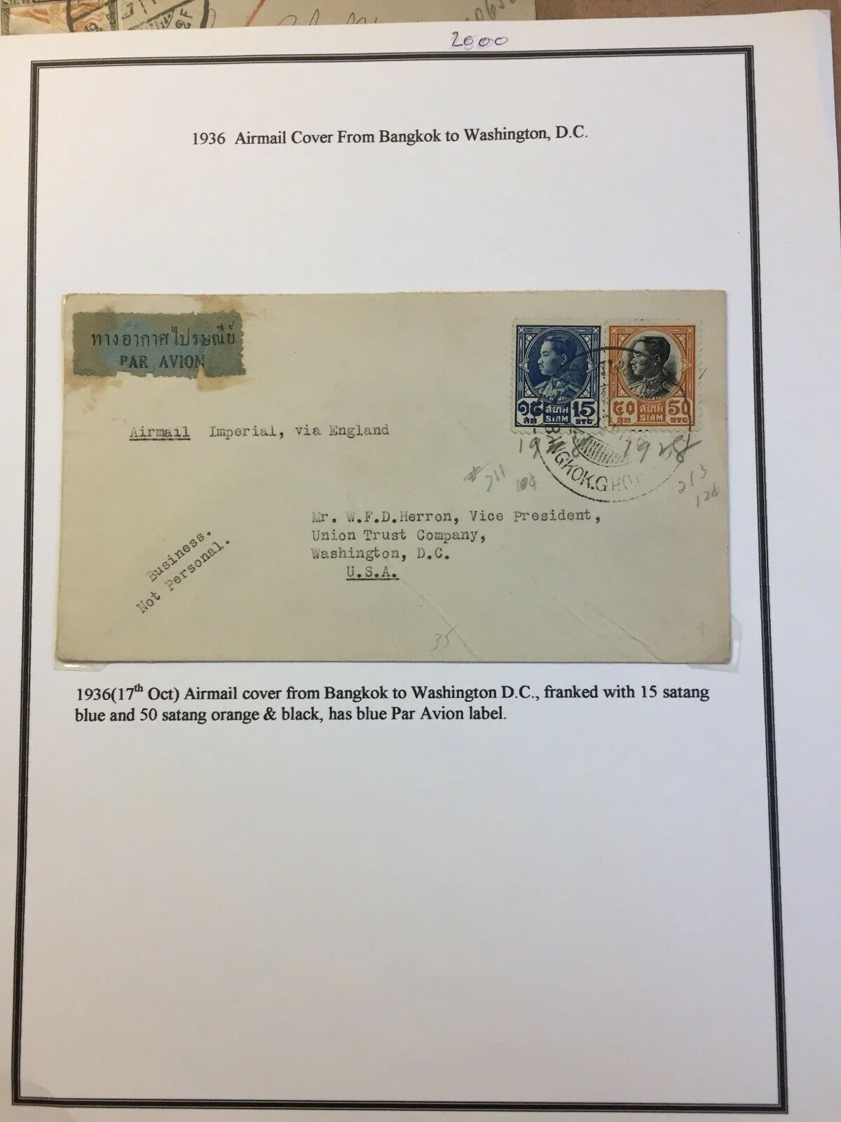 Thailand 1936 Airmail Cover From Bangkok To Washington