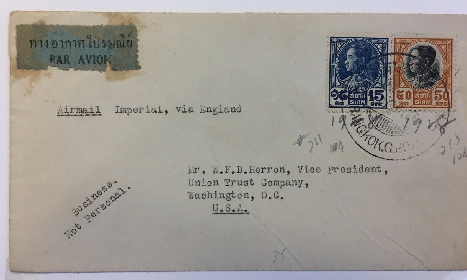 Thailand 1936 Airmail Cover From Bangkok To Washington - Image 3