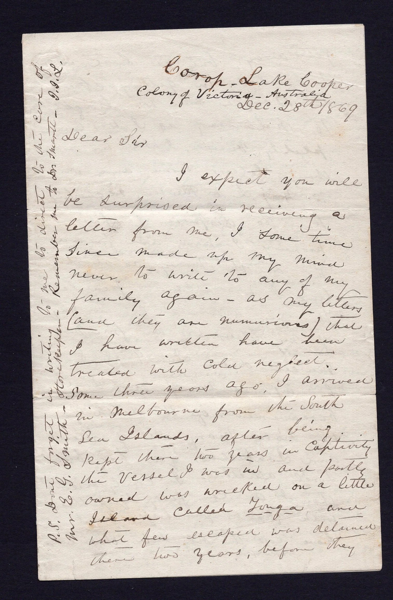Tonga Toga 1869 Letter from Corop, Lake Cooper Colony of Victoria to USA - Image 2
